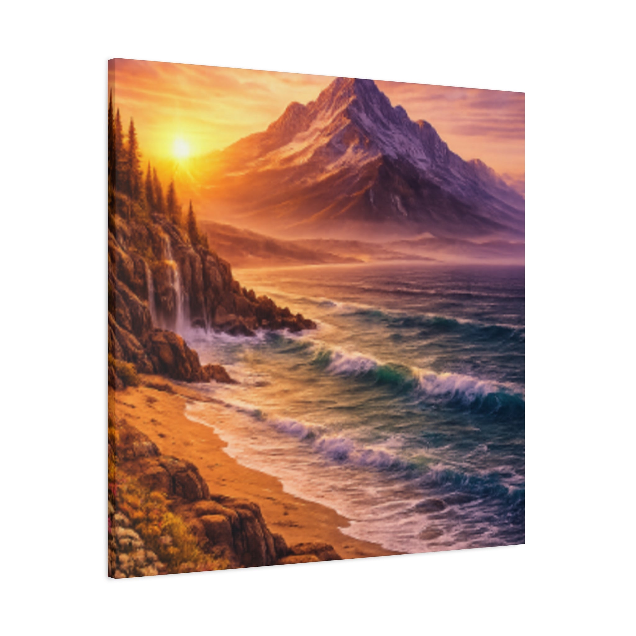 Sunset Mountain Shore Canvas Print - Matte Stretched Wall Art - Mountain and beach Canvas