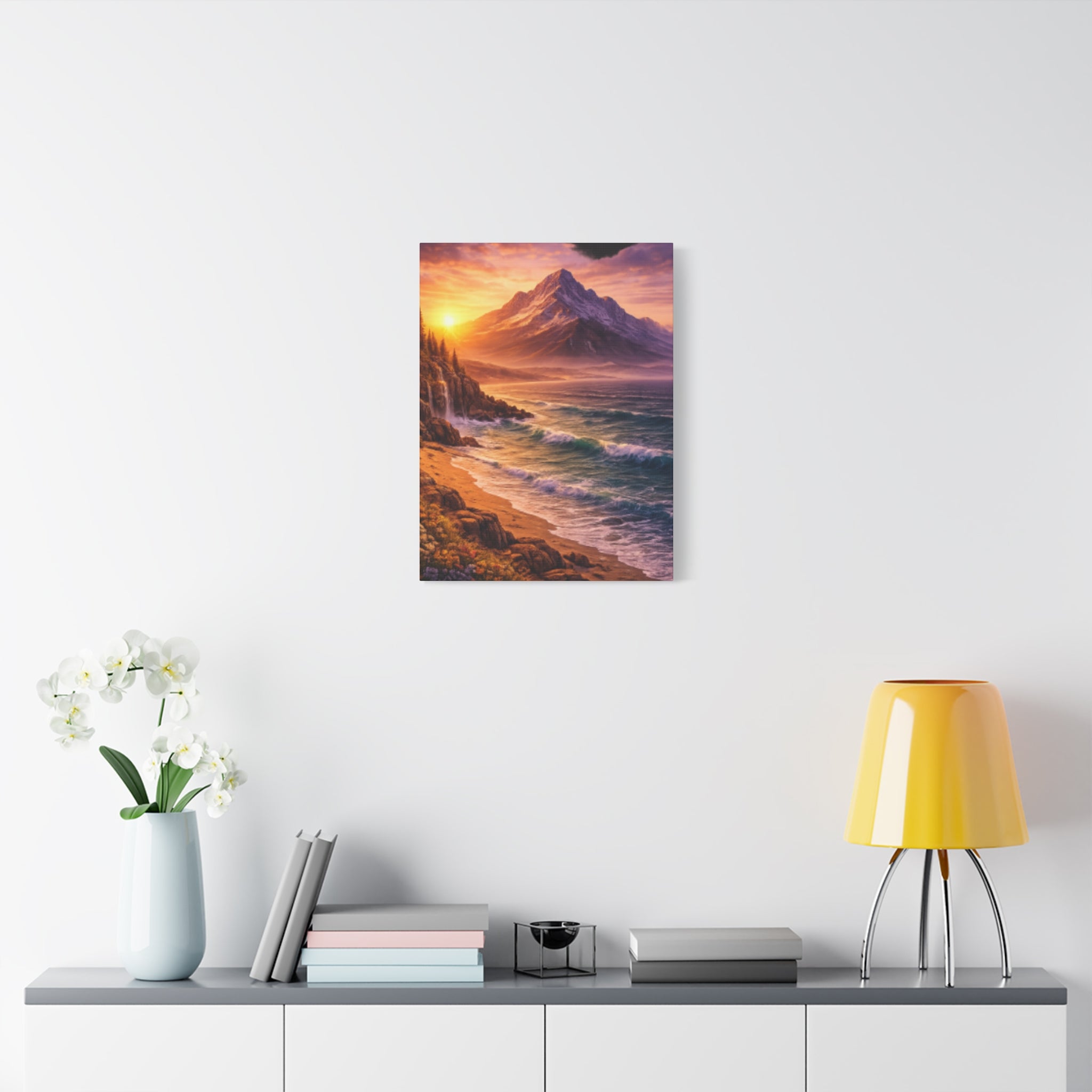 Sunset Mountain Shore Canvas Print - Matte Stretched Wall Art - Mountain and beach Canvas
