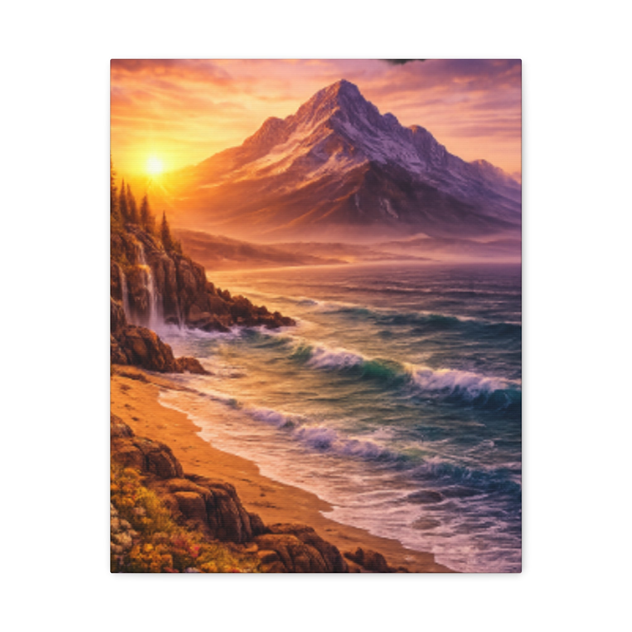 Sunset Mountain Shore Canvas Print - Matte Stretched Wall Art - Mountain and beach Canvas