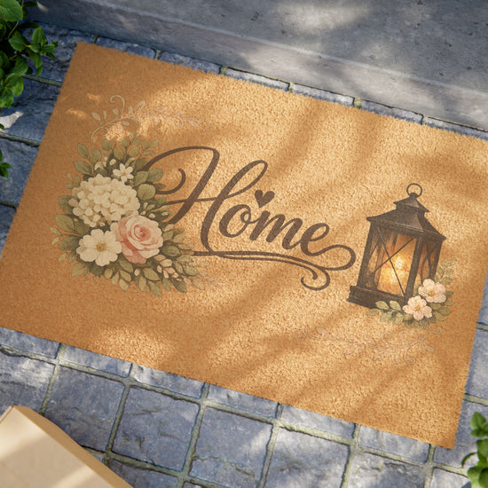 Home Lantern Floral Doormat — Rustic Welcome Coir Mat