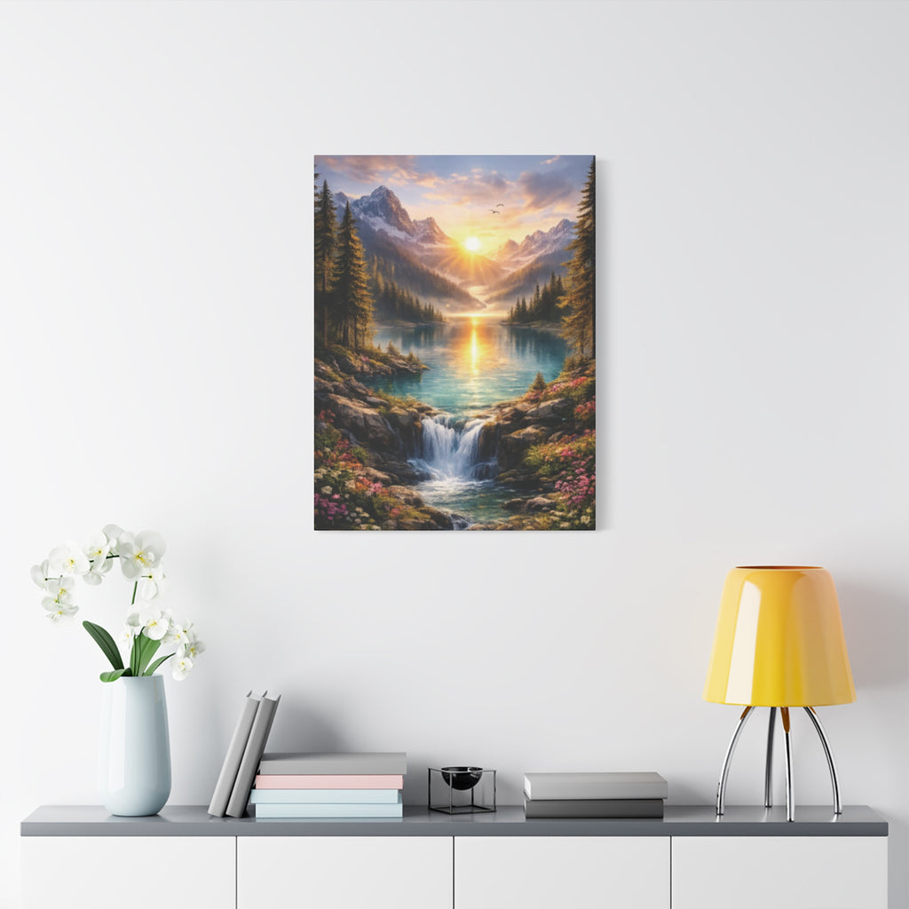 Sunrise Mountain Lake Matte Canvas Art - Stretched Wall Decor