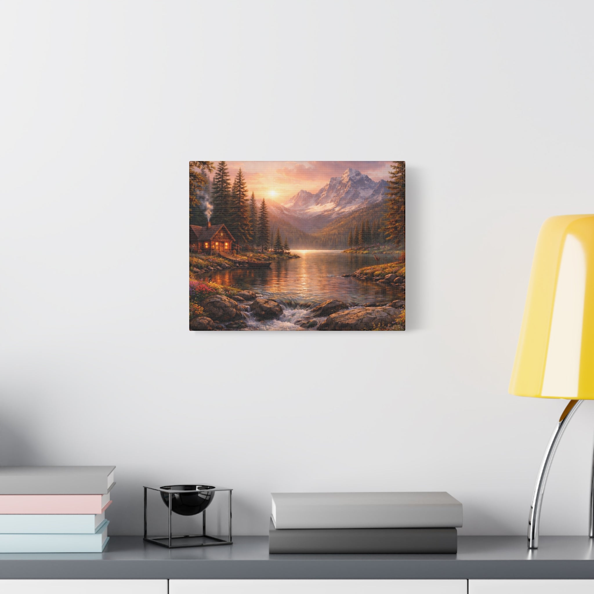 Mountain Lake Cabin Matte Canvas Print - Sunset Landscape Wall Art - Mountain Art canvases