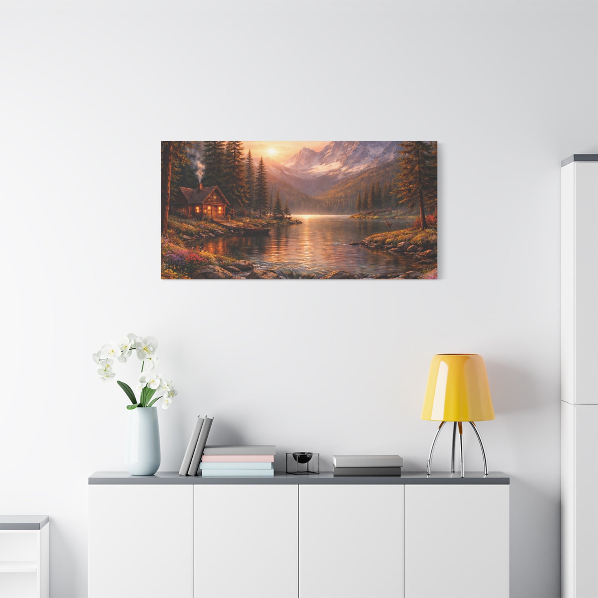 Mountain Lake Cabin Matte Canvas Print - Sunset Landscape Wall Art - Mountain Art canvases