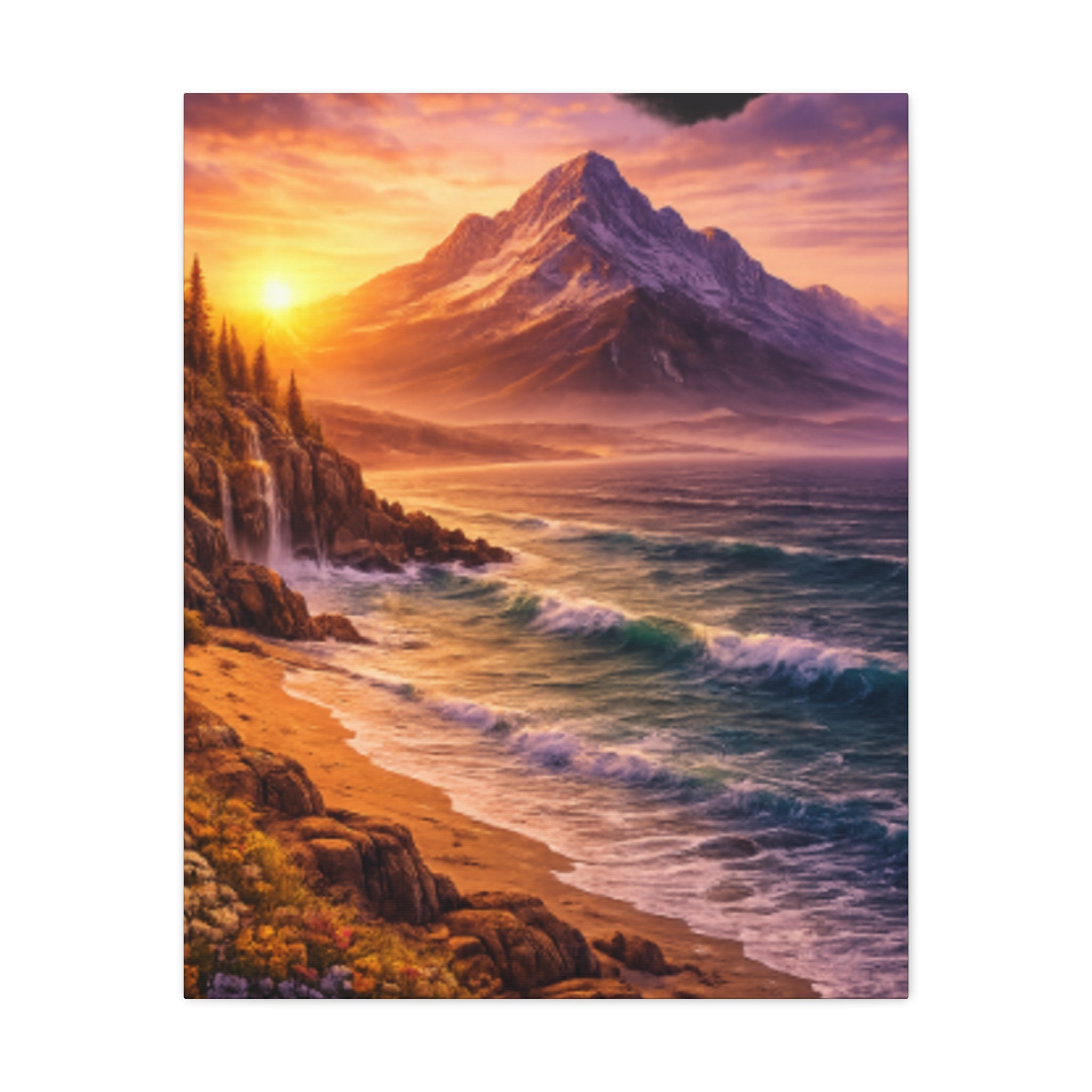 Sunset Mountain Shore Canvas Print - Matte Stretched Wall Art - Mountain and beach Canvas