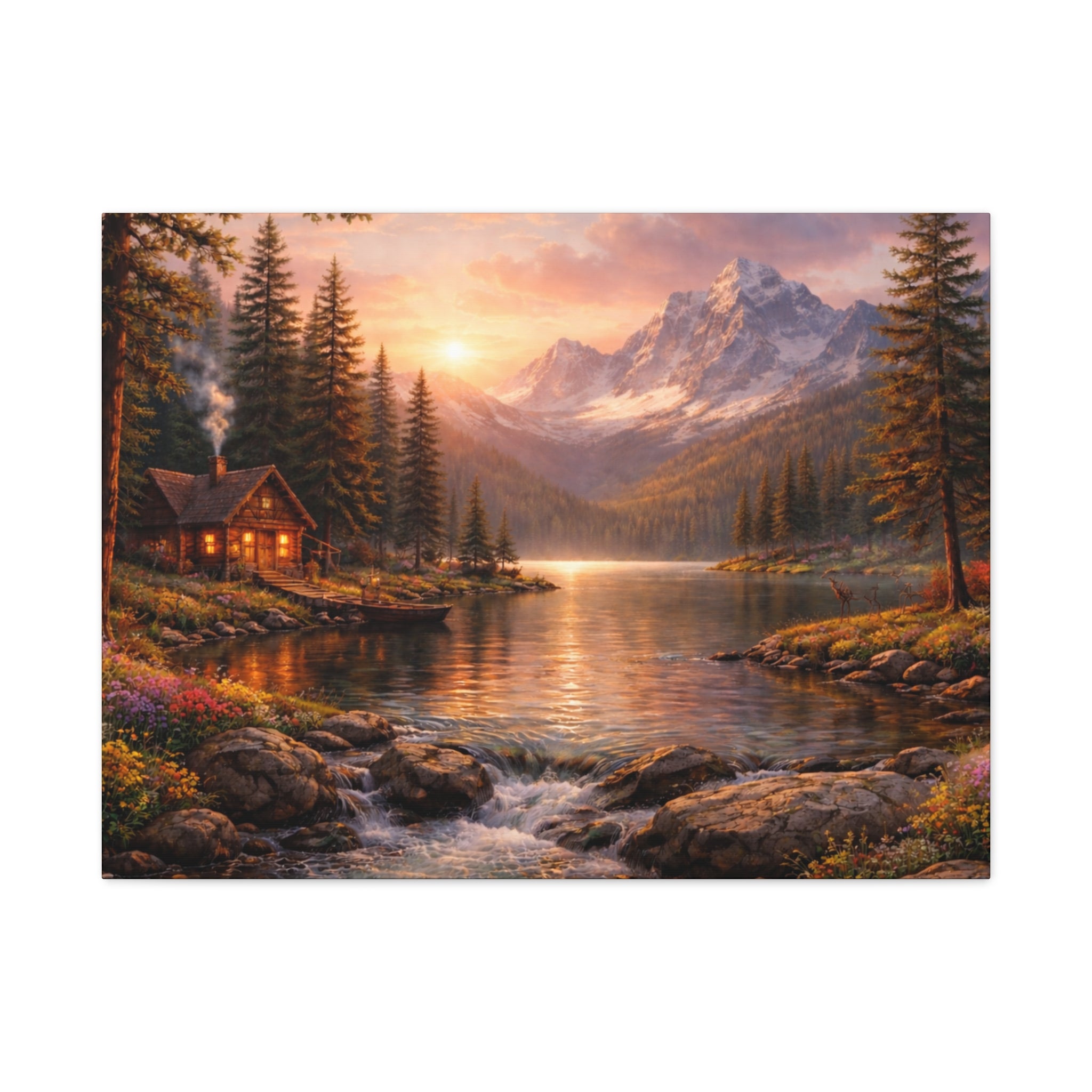 Mountain Lake Cabin Matte Canvas Print - Sunset Landscape Wall Art - Mountain Art canvases