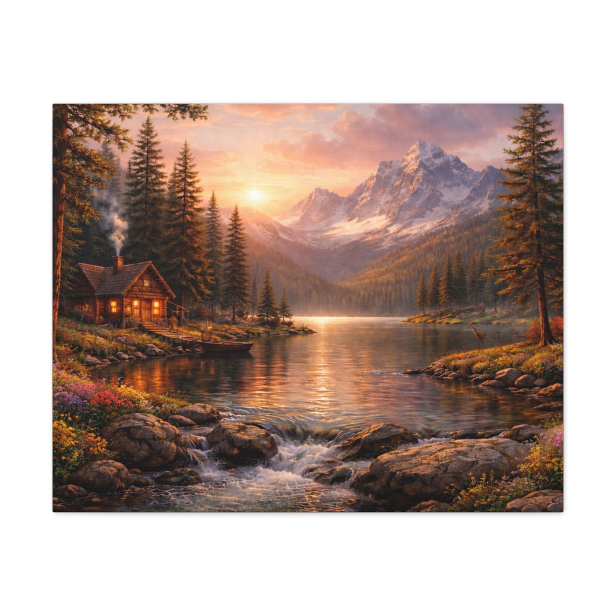 Mountain Lake Cabin Matte Canvas Print - Sunset Landscape Wall Art - Mountain Art canvases