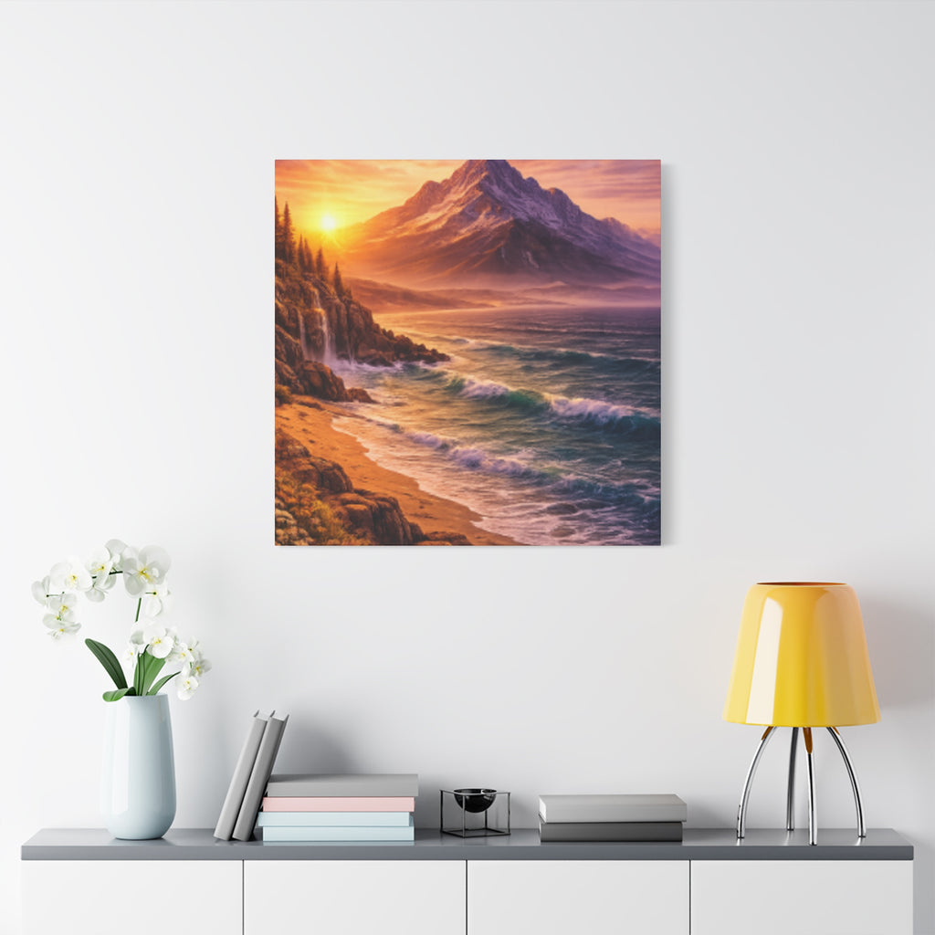 Sunset Mountain Shore Canvas Print - Matte Stretched Wall Art - Mountain and beach Canvas