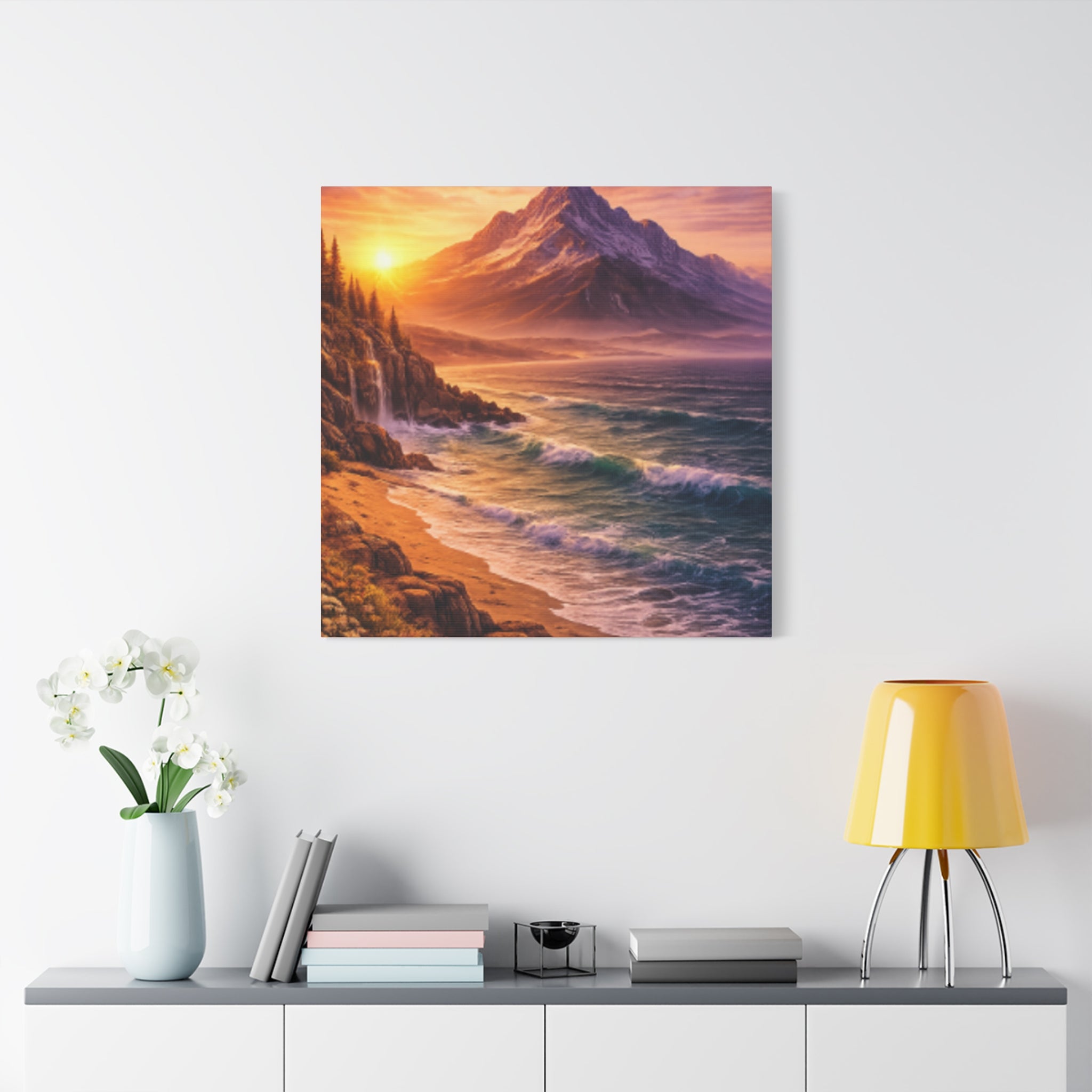 Sunset Mountain Shore Canvas Print - Matte Stretched Wall Art - Mountain and beach Canvas