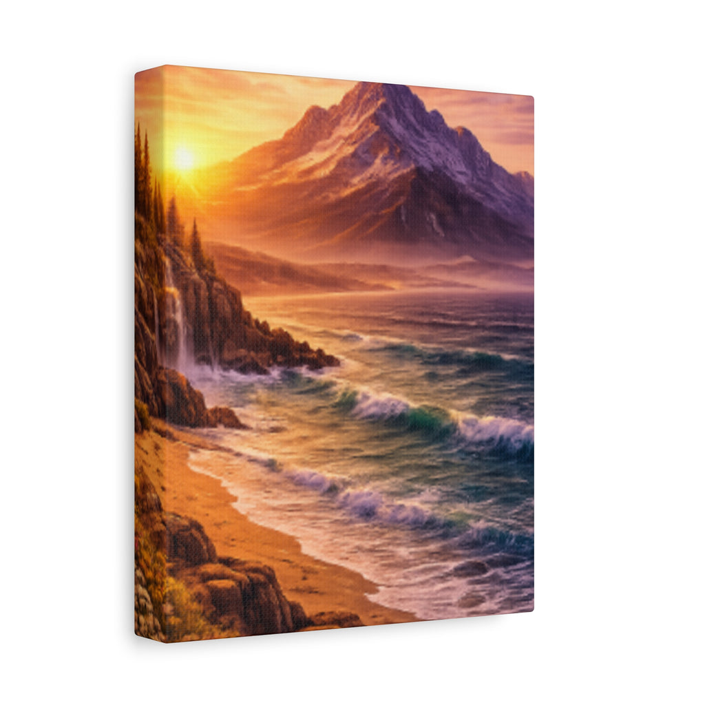 Sunset Mountain Shore Canvas Print - Matte Stretched Wall Art - Mountain and beach Canvas