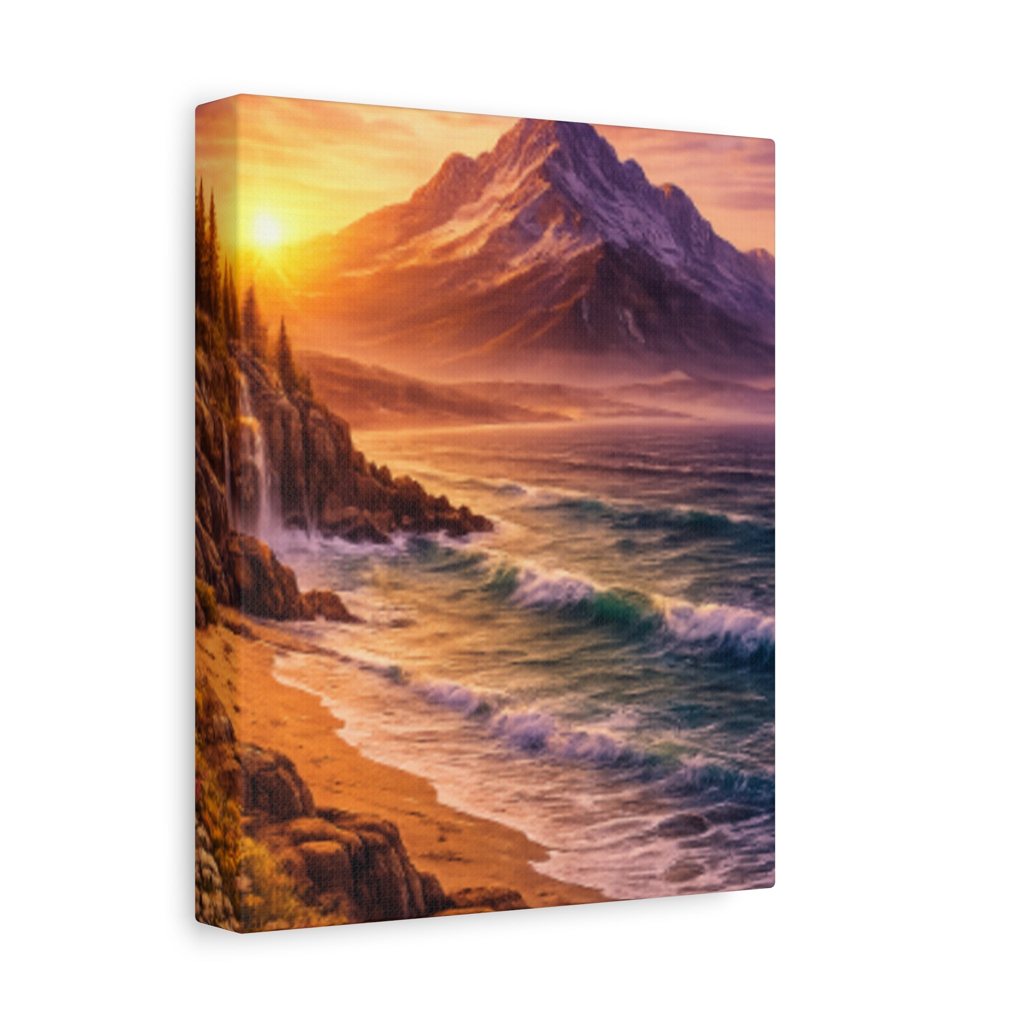 Sunset Mountain Shore Canvas Print - Matte Stretched Wall Art - Mountain and beach Canvas