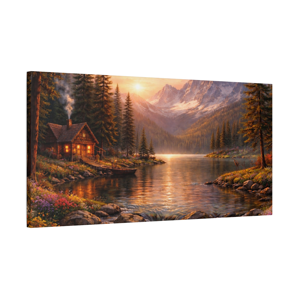 Mountain Lake Cabin Matte Canvas Print - Sunset Landscape Wall Art - Mountain Art canvases