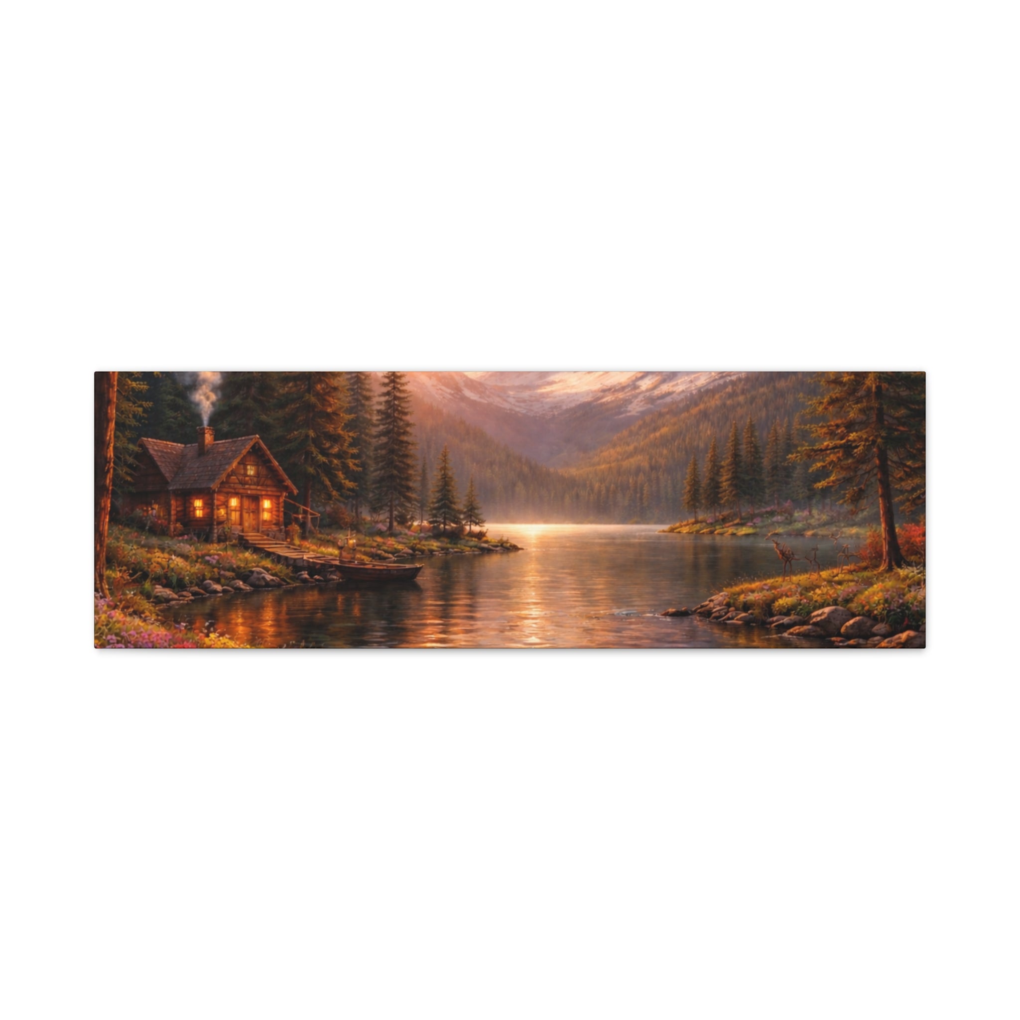 Mountain Lake Cabin Matte Canvas Print - Sunset Landscape Wall Art - Mountain Art canvases