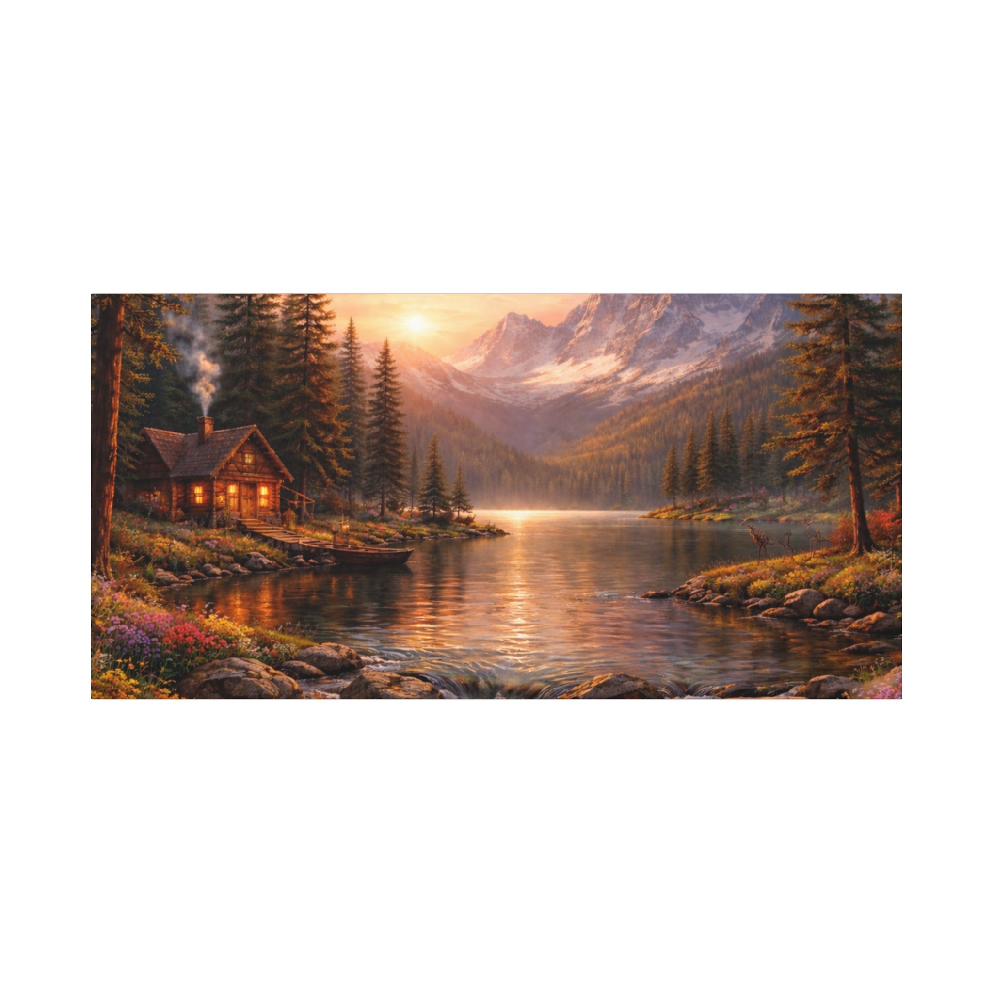 Mountain Lake Cabin Matte Canvas Print - Sunset Landscape Wall Art - Mountain Art canvases