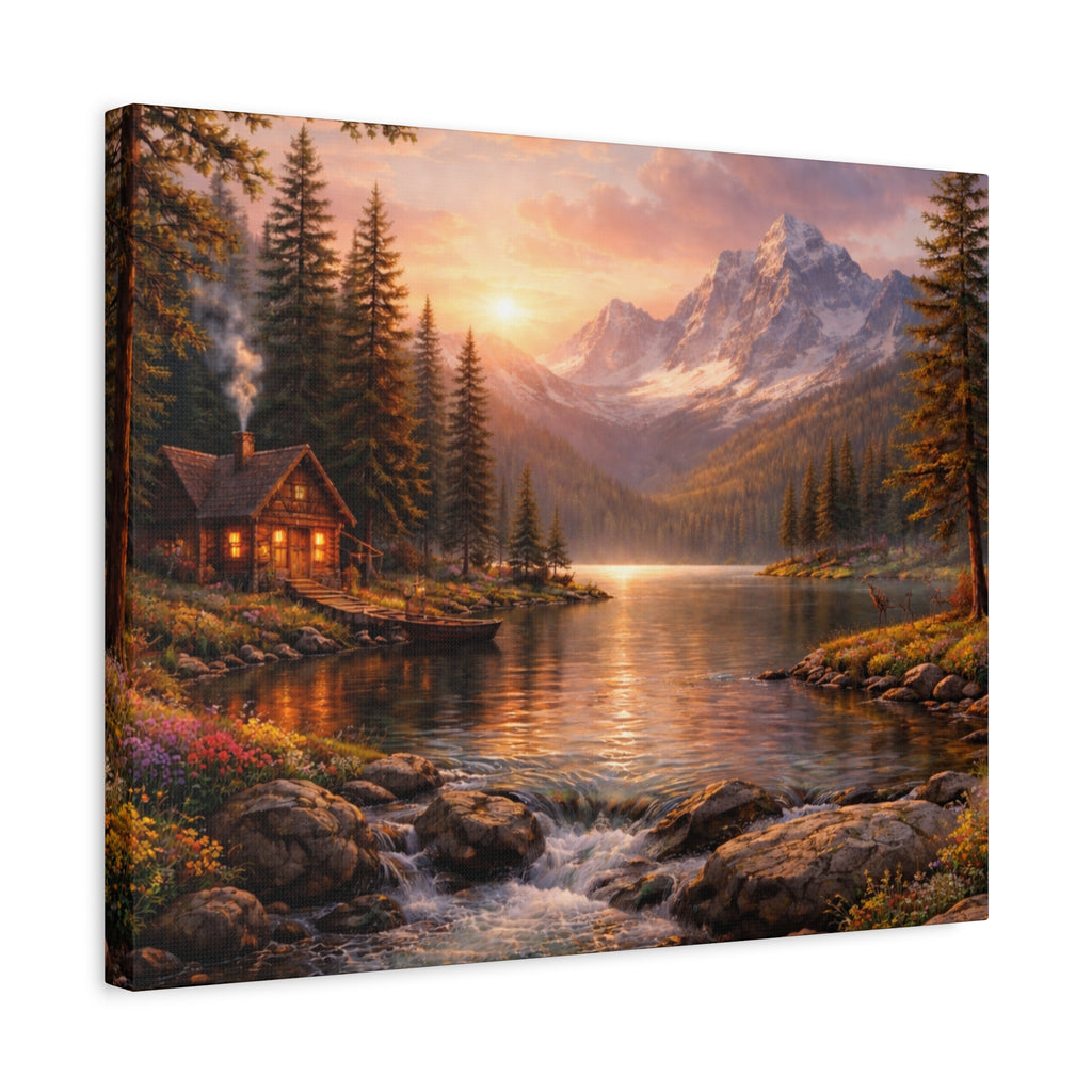 Mountain Lake Cabin Matte Canvas Print - Sunset Landscape Wall Art - Mountain Art canvases