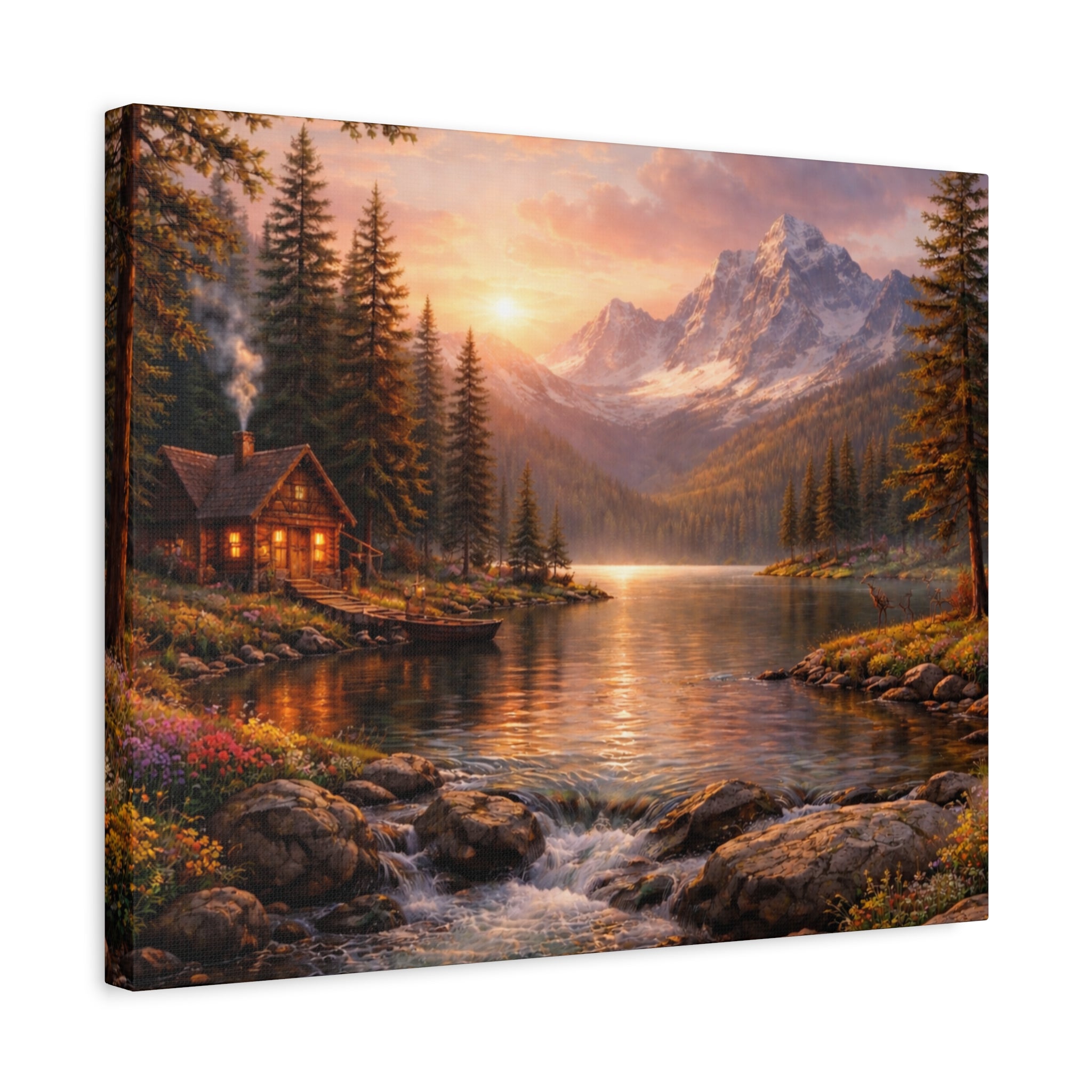 Mountain Lake Cabin Matte Canvas Print - Sunset Landscape Wall Art - Mountain Art canvases