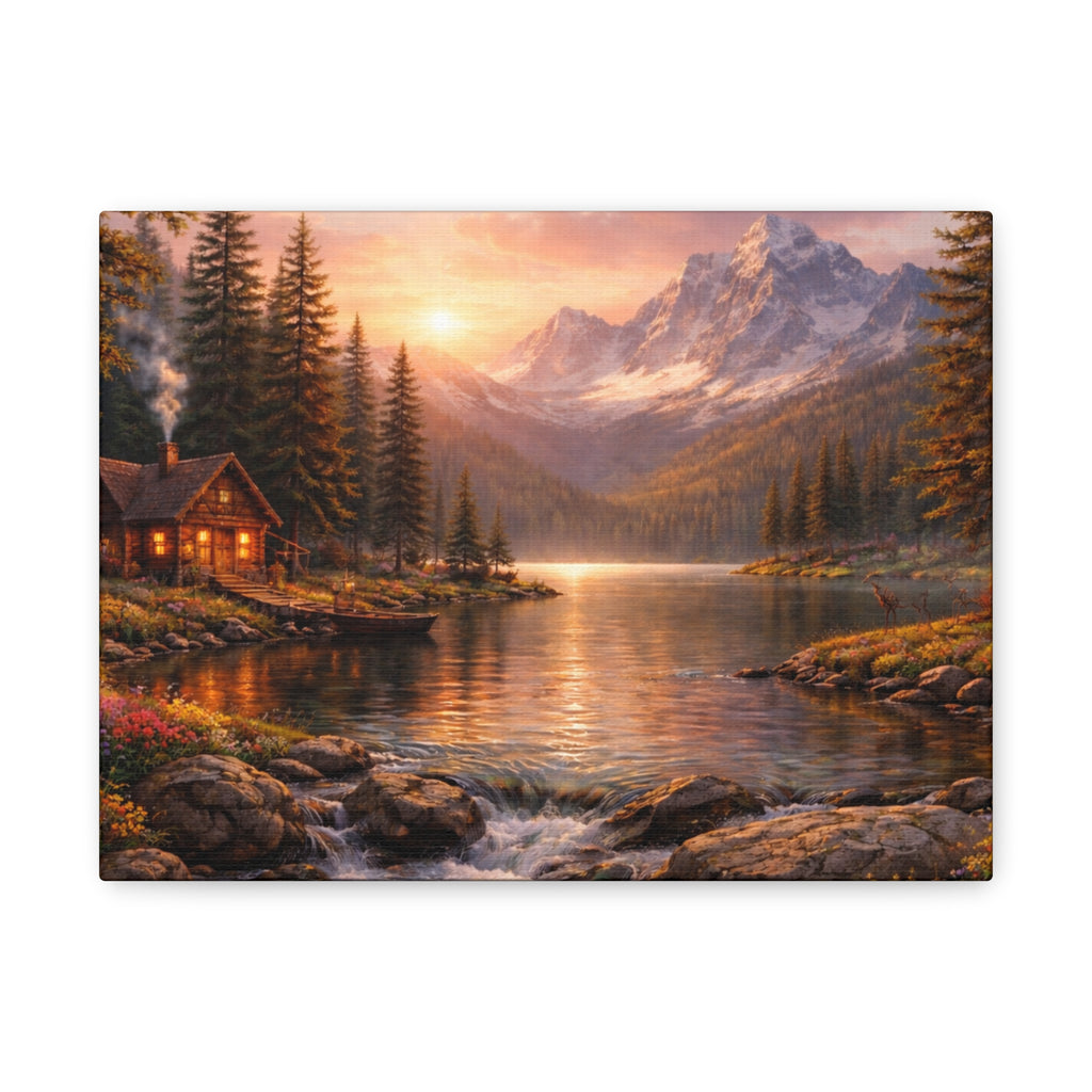 Mountain Lake Cabin Matte Canvas Print - Sunset Landscape Wall Art - Mountain Art canvases