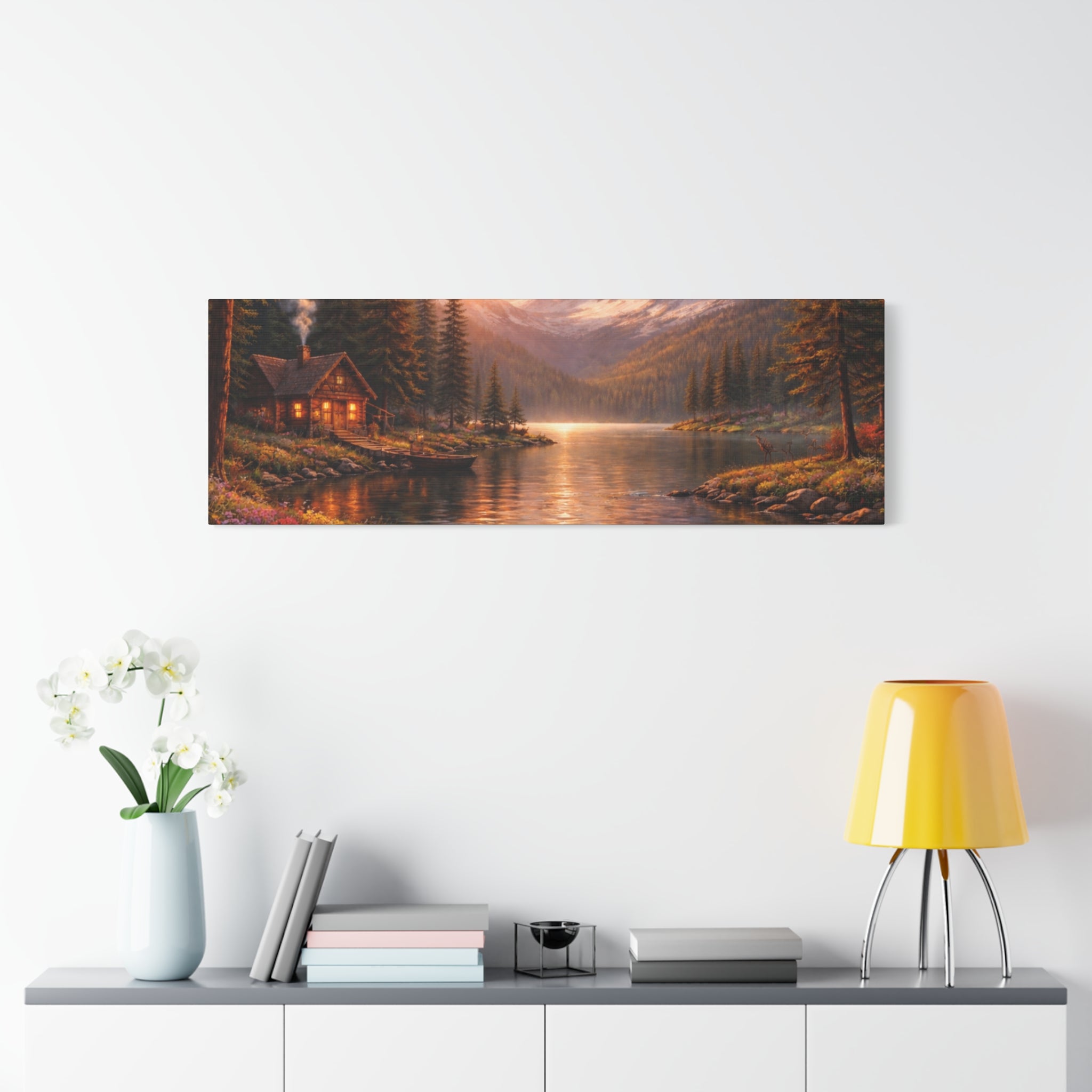 Mountain Lake Cabin Matte Canvas Print - Sunset Landscape Wall Art - Mountain Art canvases