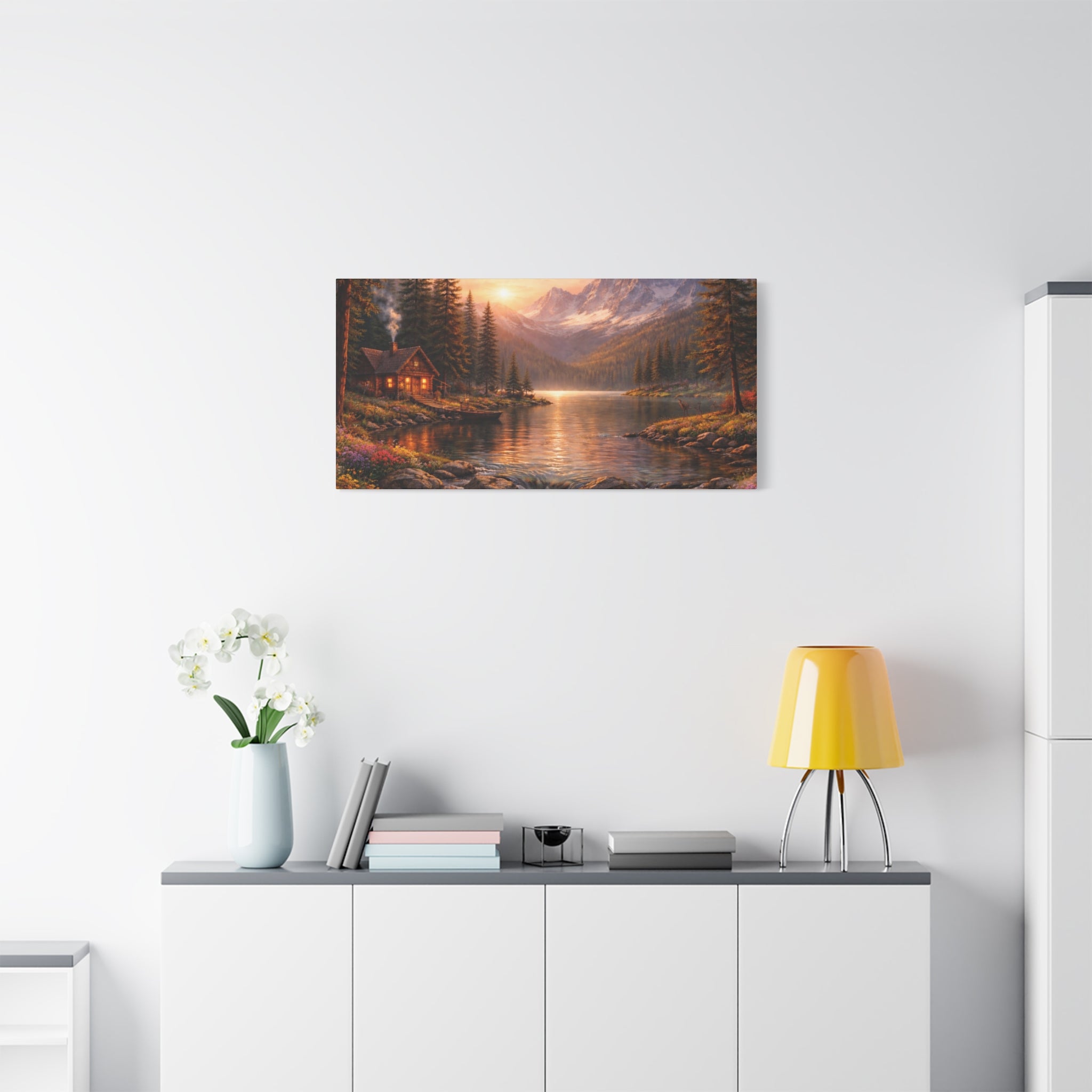Mountain Lake Cabin Matte Canvas Print - Sunset Landscape Wall Art - Mountain Art canvases
