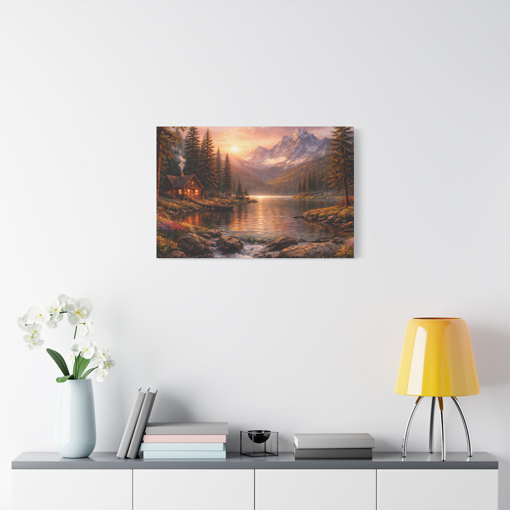 Mountain Lake Cabin Matte Canvas Print - Sunset Landscape Wall Art - Mountain Art canvases