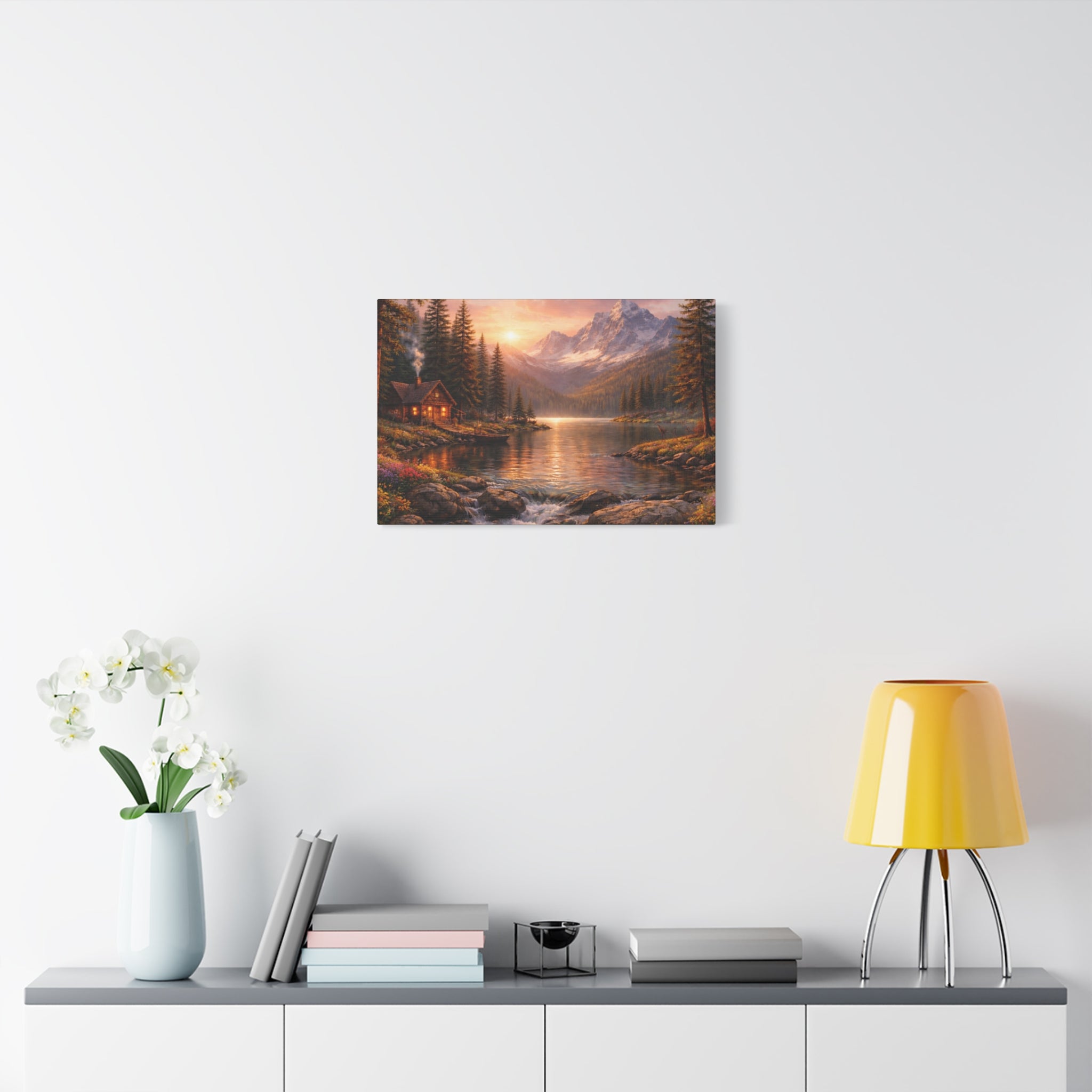 Mountain Lake Cabin Matte Canvas Print - Sunset Landscape Wall Art - Mountain Art canvases