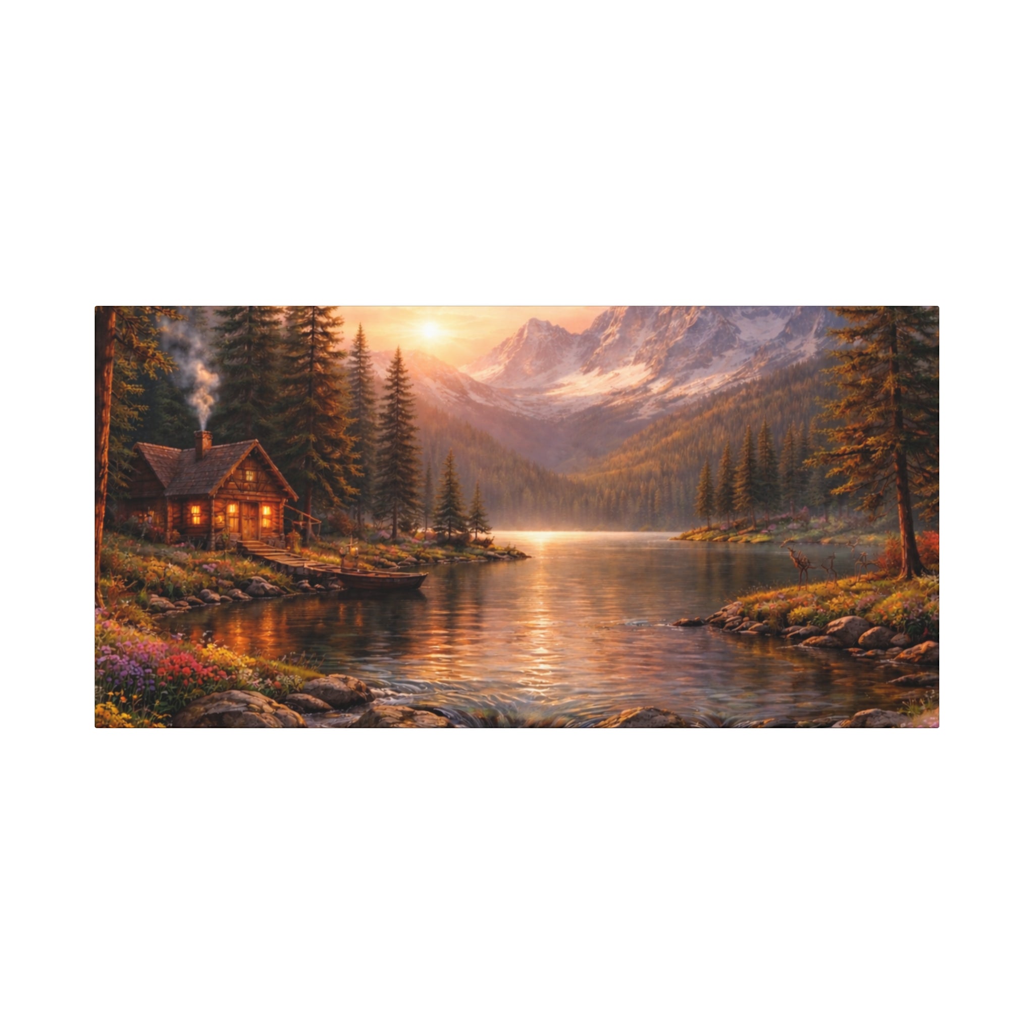 Mountain Lake Cabin Matte Canvas Print - Sunset Landscape Wall Art - Mountain Art canvases
