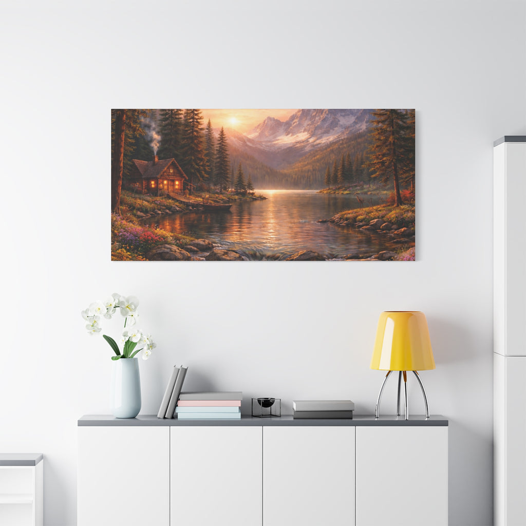 Mountain Lake Cabin Matte Canvas Print - Sunset Landscape Wall Art - Mountain Art canvases