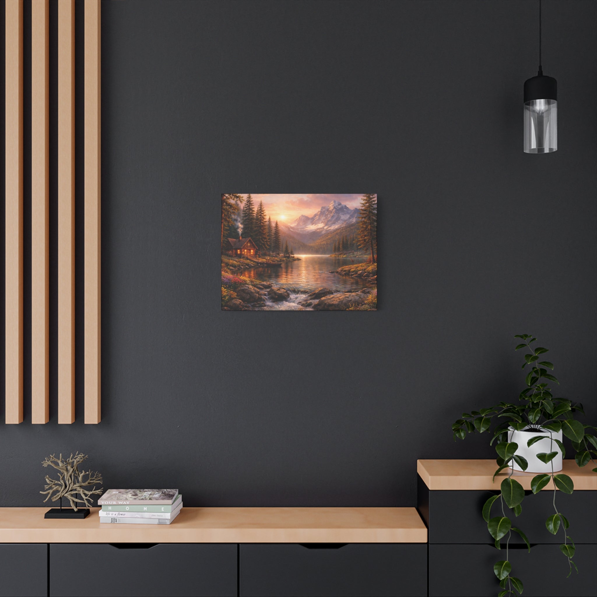 Mountain Lake Cabin Matte Canvas Print - Sunset Landscape Wall Art - Mountain Art canvases