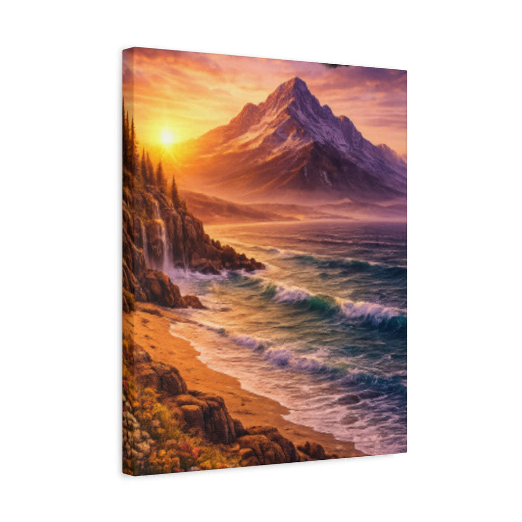 Sunset Mountain Shore Canvas Print - Matte Stretched Wall Art - Mountain and beach Canvas