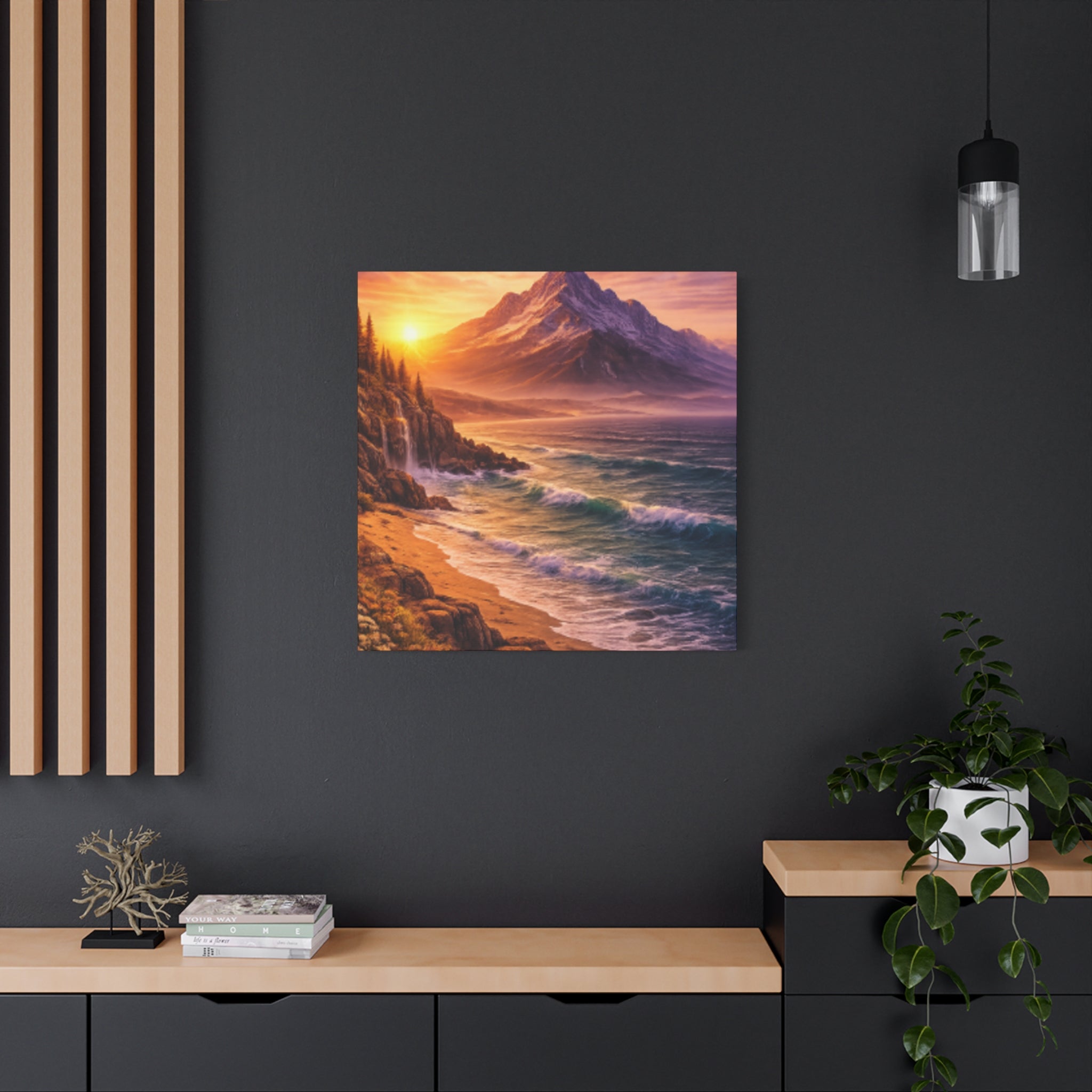 Sunset Mountain Shore Canvas Print - Matte Stretched Wall Art - Mountain and beach Canvas