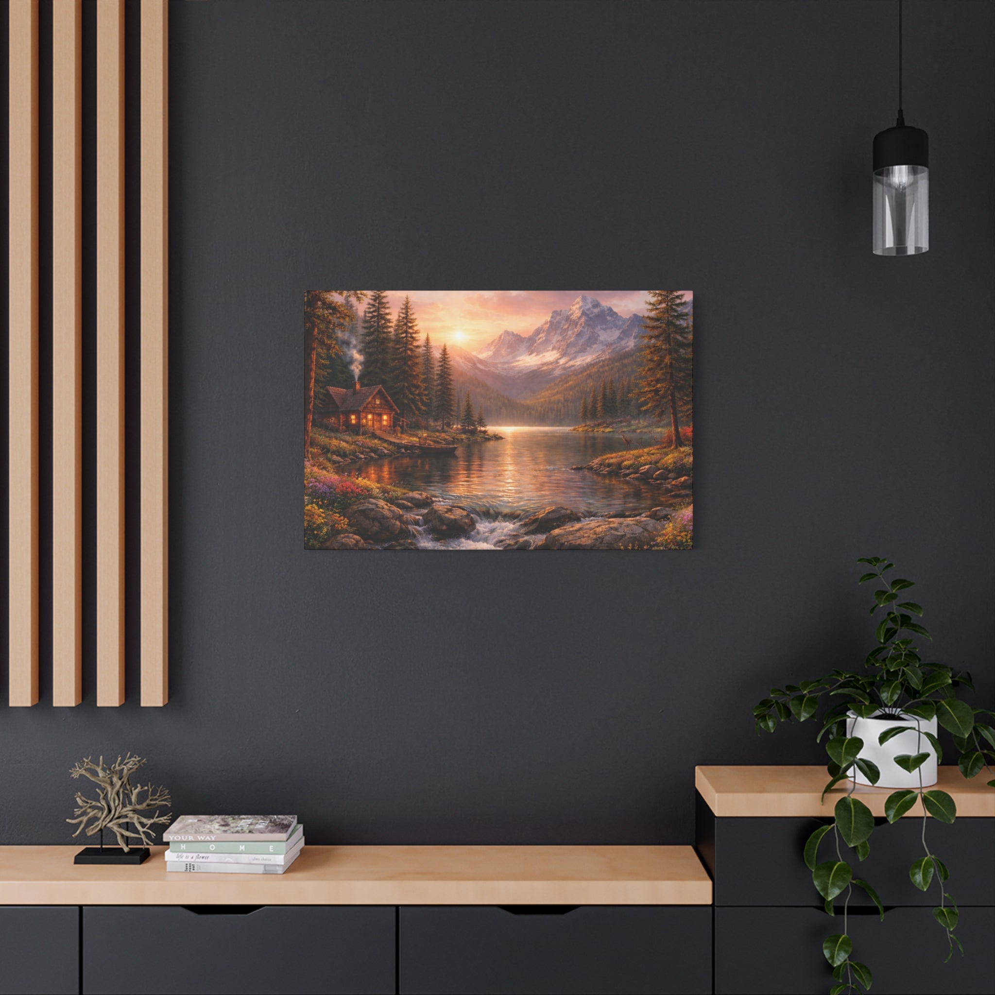 Mountain Lake Cabin Matte Canvas Print - Sunset Landscape Wall Art - Mountain Art canvases
