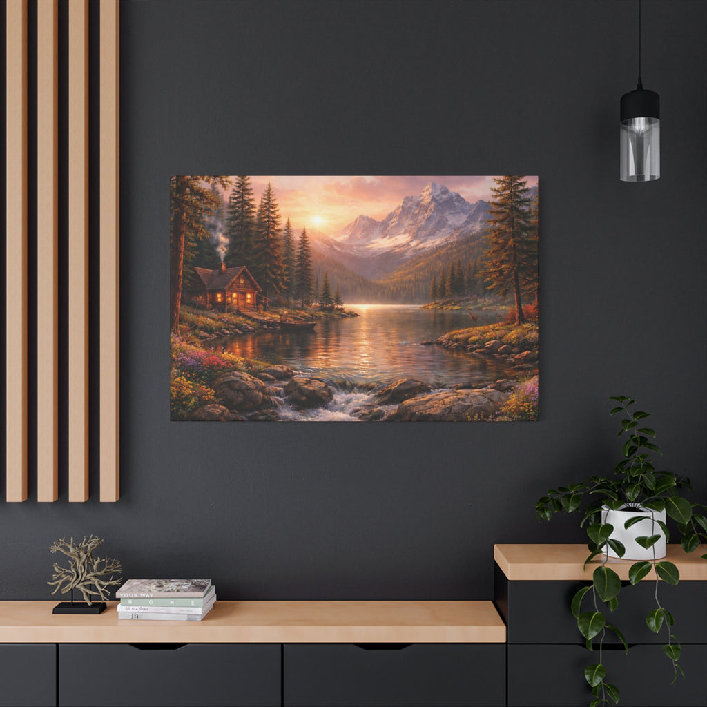Mountain Lake Cabin Matte Canvas Print - Sunset Landscape Wall Art - Mountain Art canvases