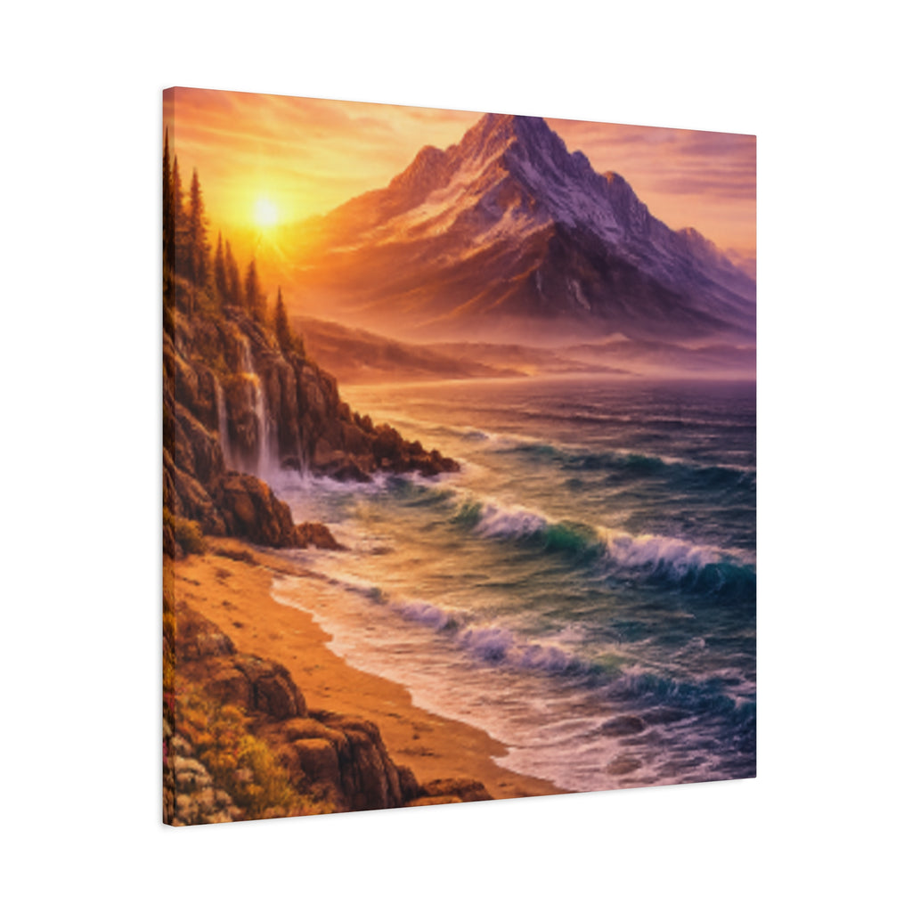 Sunset Mountain Shore Canvas Print - Matte Stretched Wall Art - Mountain and beach Canvas