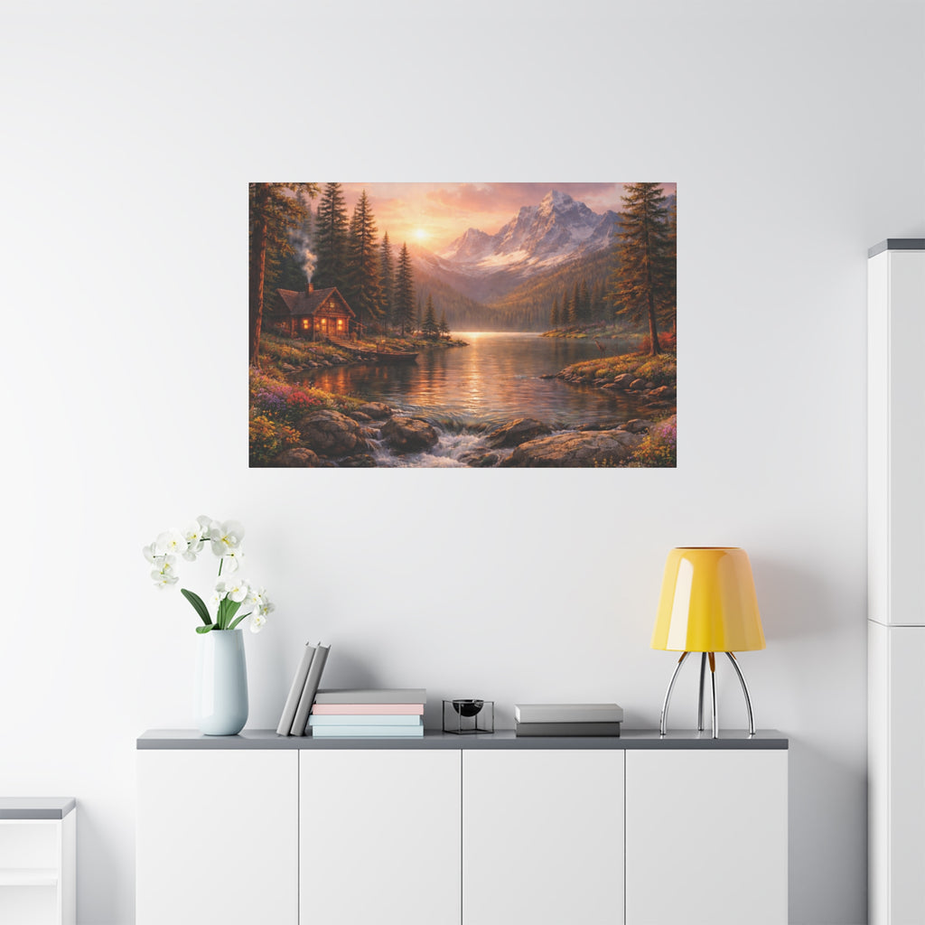 Mountain Lake Cabin Matte Canvas Print - Sunset Landscape Wall Art - Mountain Art canvases