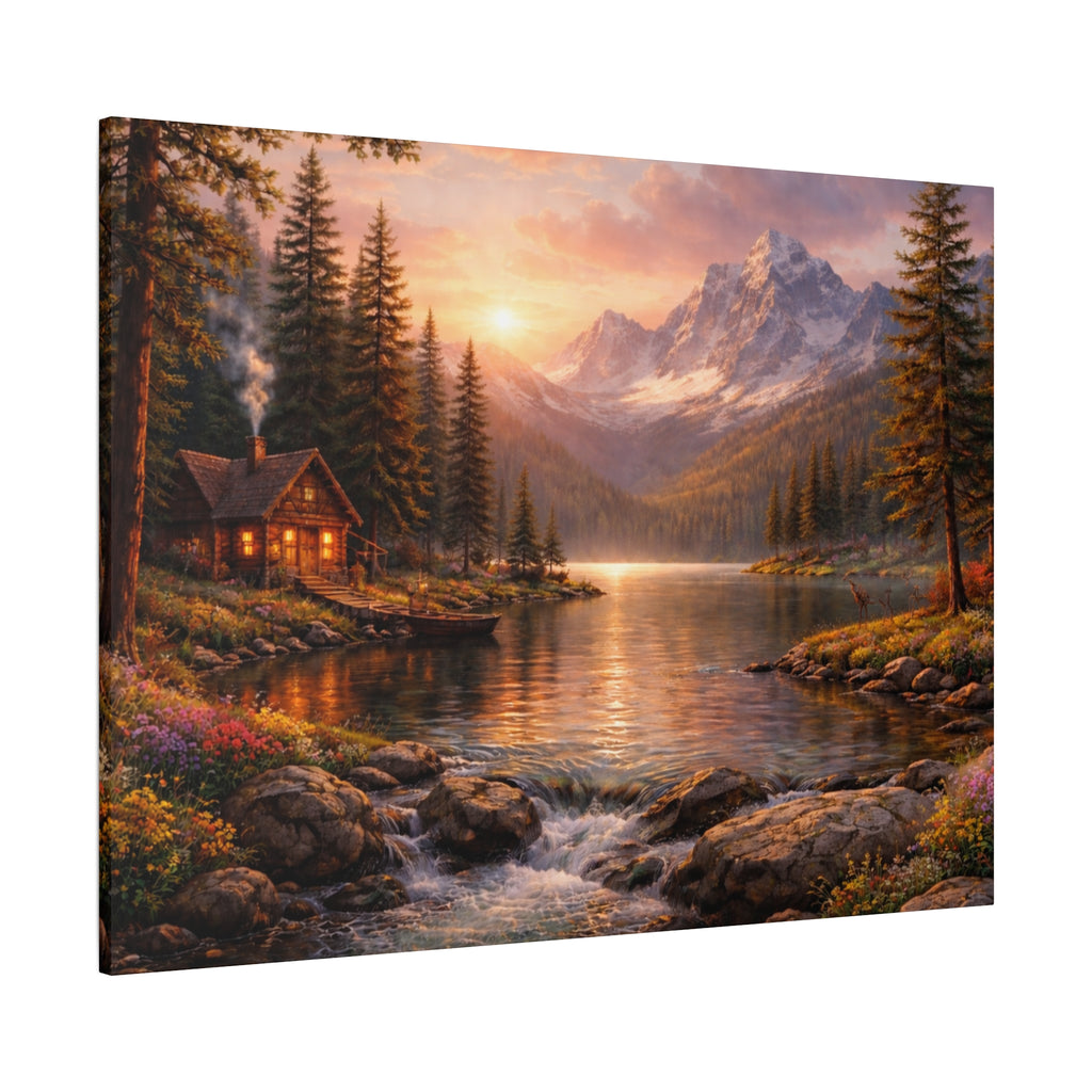 Mountain Lake Cabin Matte Canvas Print - Sunset Landscape Wall Art - Mountain Art canvases