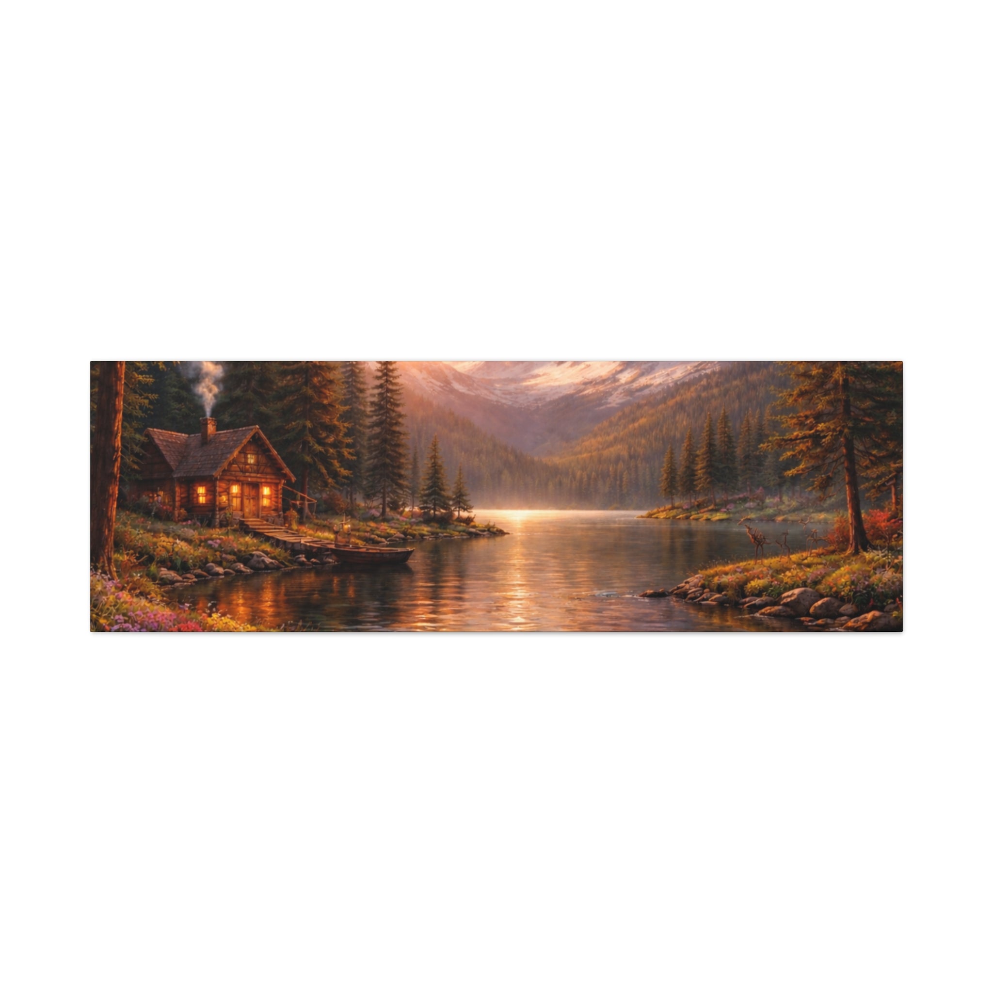 Mountain Lake Cabin Matte Canvas Print - Sunset Landscape Wall Art - Mountain Art canvases