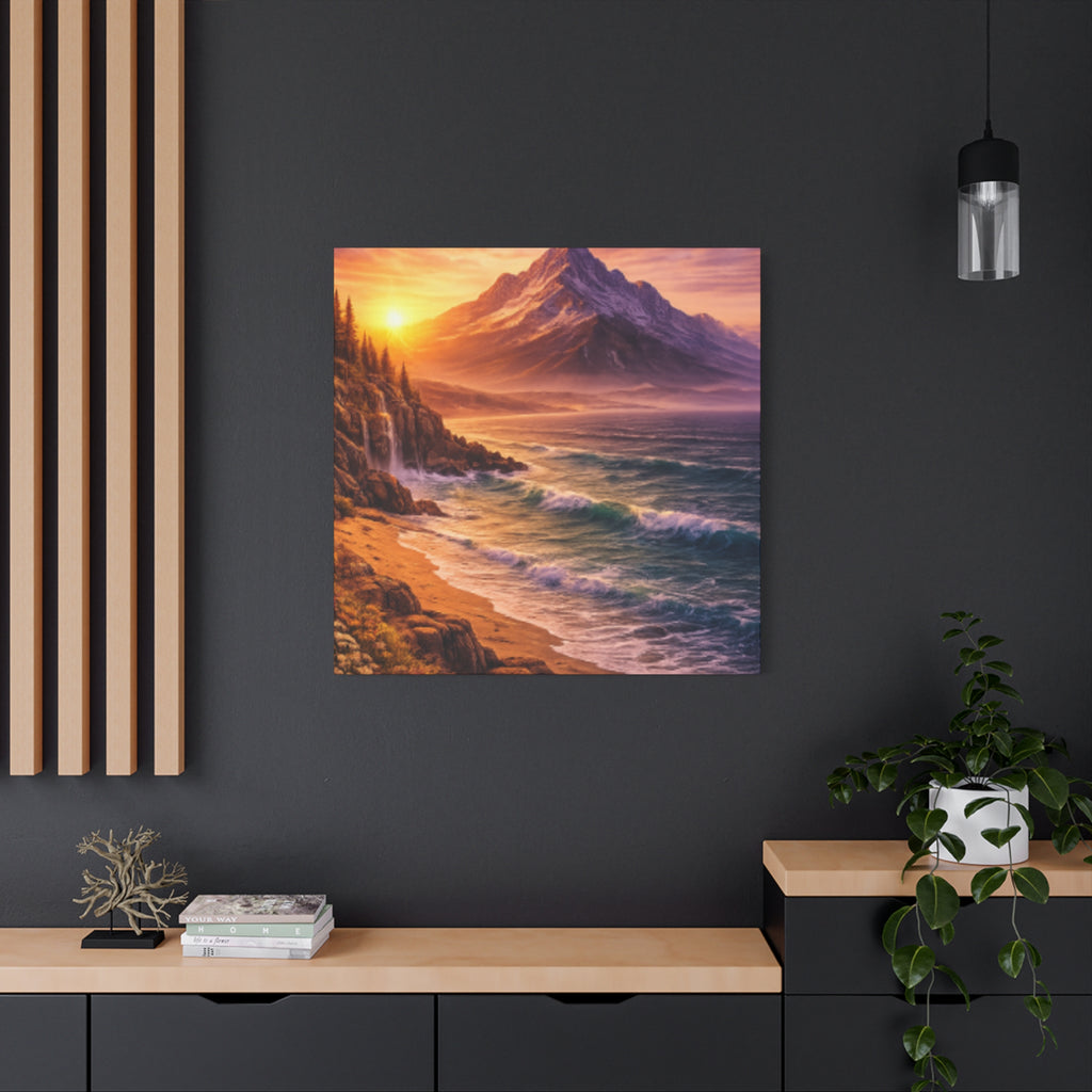 Sunset Mountain Shore Canvas Print - Matte Stretched Wall Art - Mountain and beach Canvas