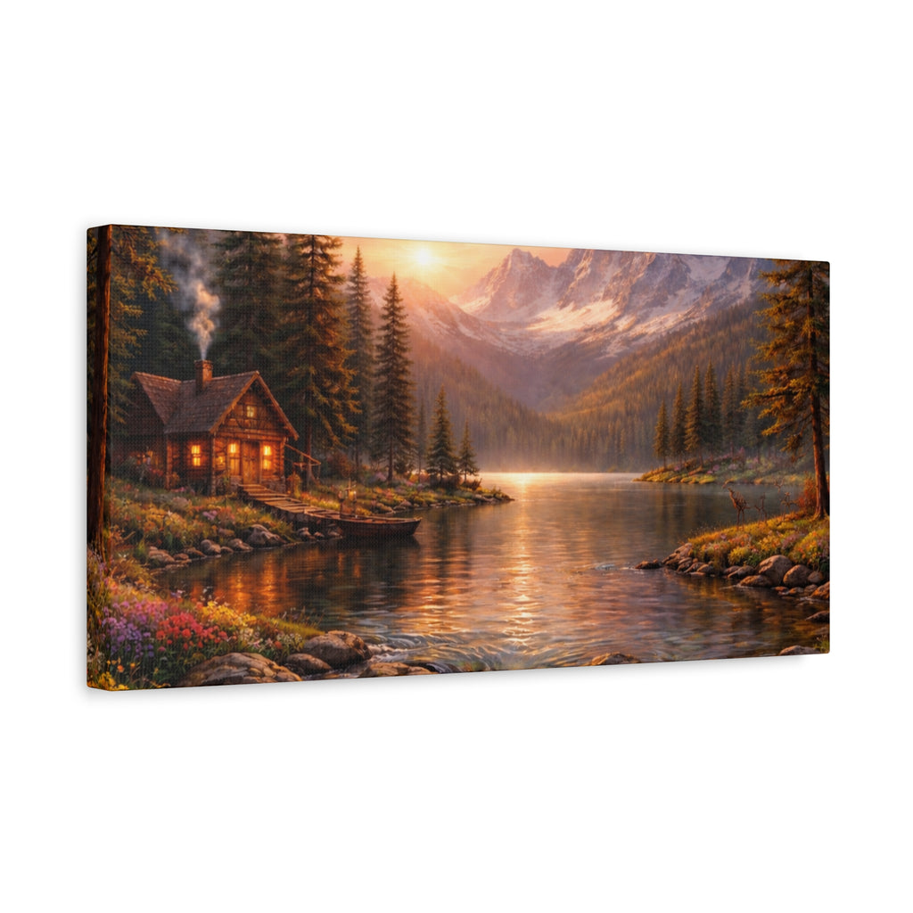 Mountain Lake Cabin Matte Canvas Print - Sunset Landscape Wall Art - Mountain Art canvases
