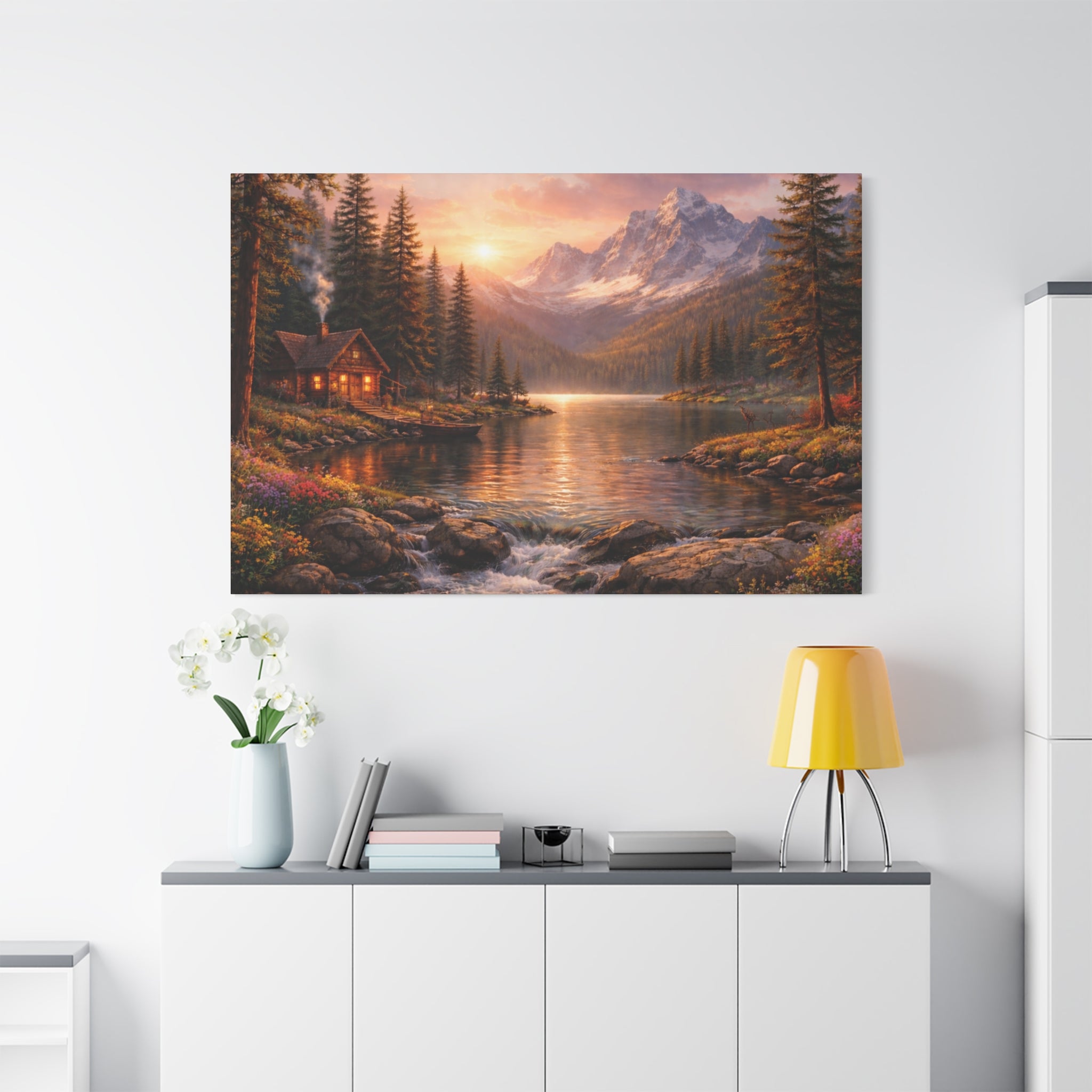 Mountain Lake Cabin Matte Canvas Print - Sunset Landscape Wall Art - Mountain Art canvases