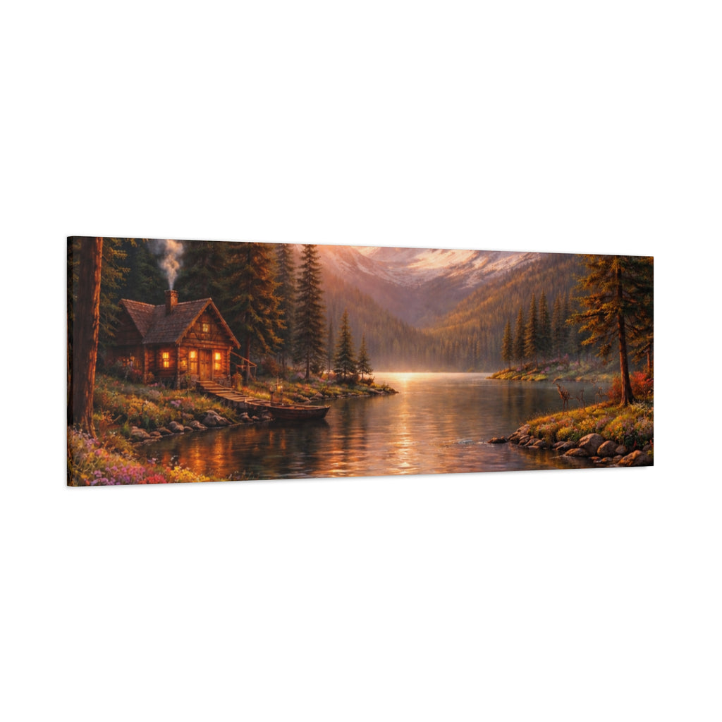 Mountain Lake Cabin Matte Canvas Print - Sunset Landscape Wall Art - Mountain Art canvases