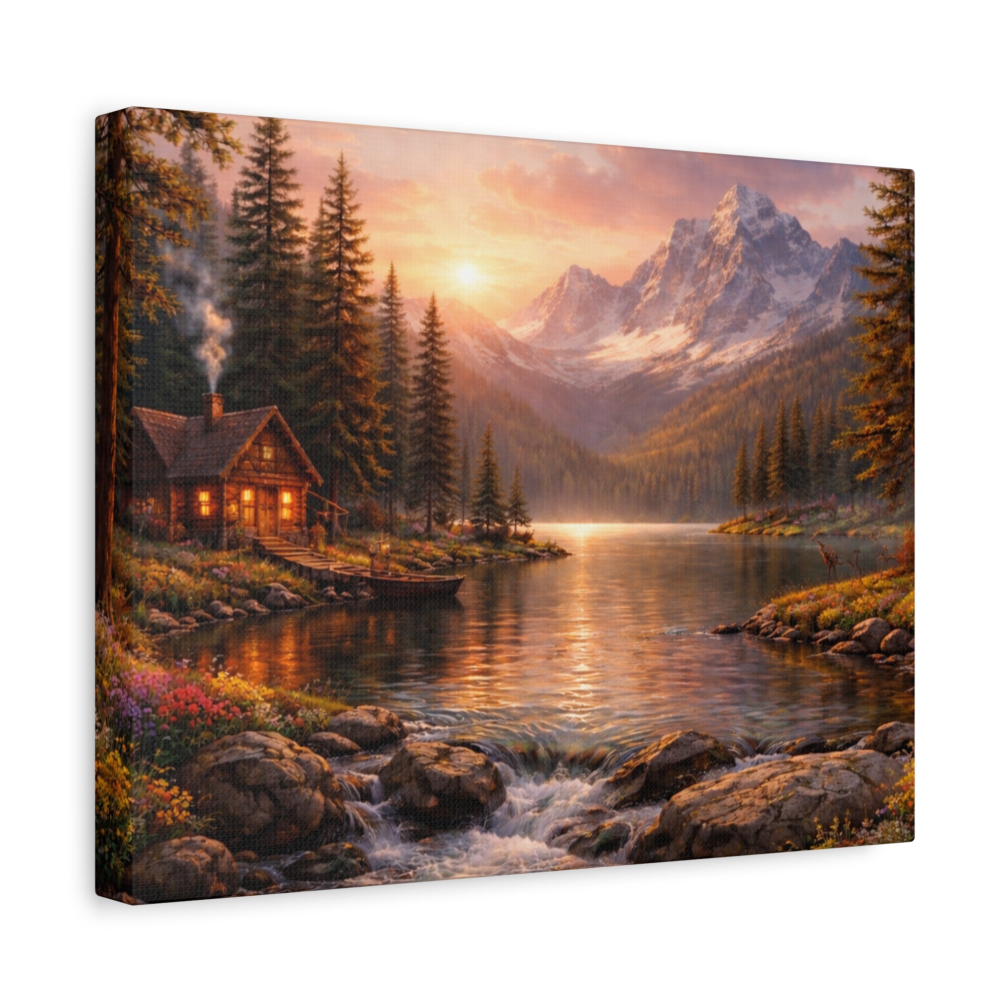 Mountain Lake Cabin Matte Canvas Print - Sunset Landscape Wall Art - Mountain Art canvases