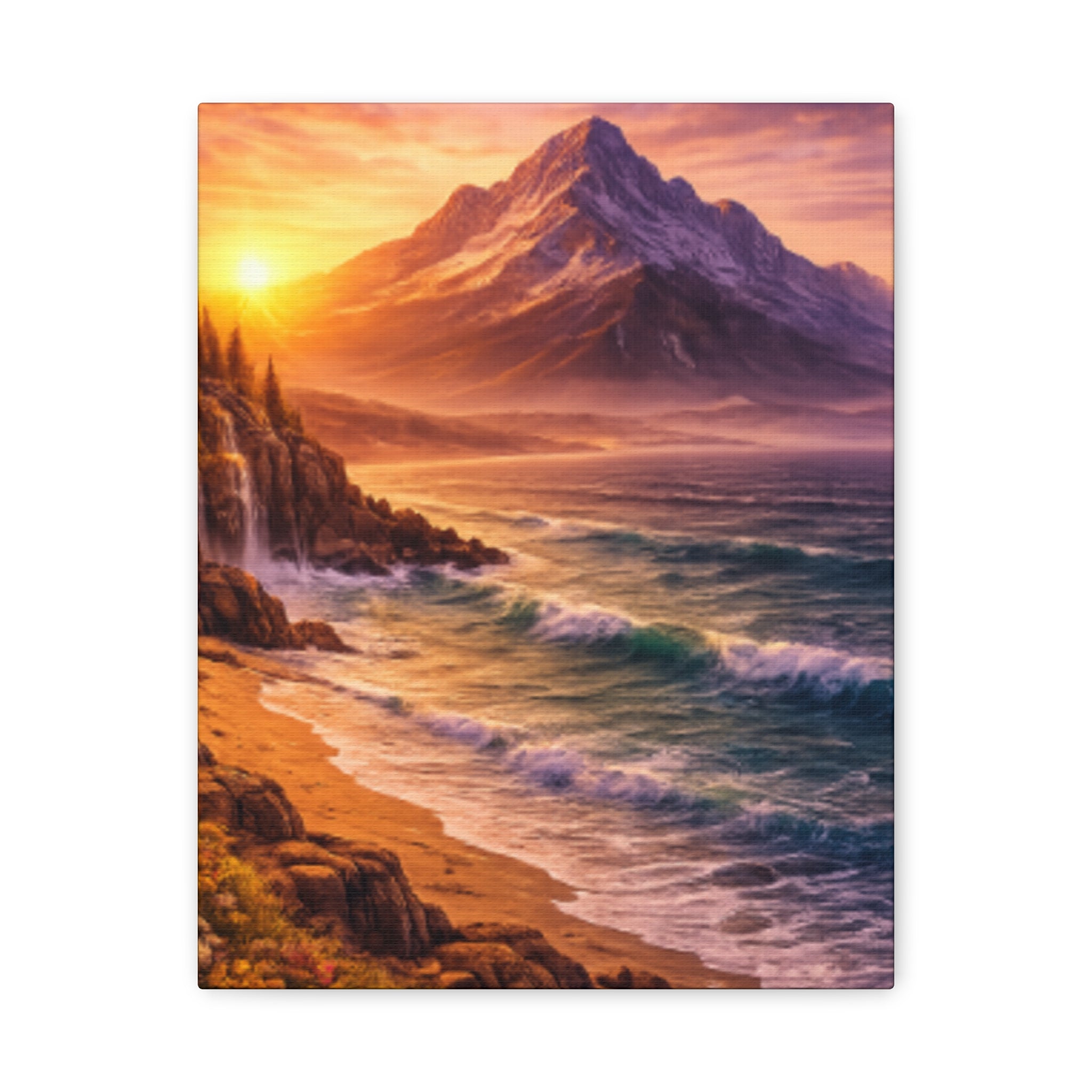 Sunset Mountain Shore Canvas Print - Matte Stretched Wall Art - Mountain and beach Canvas