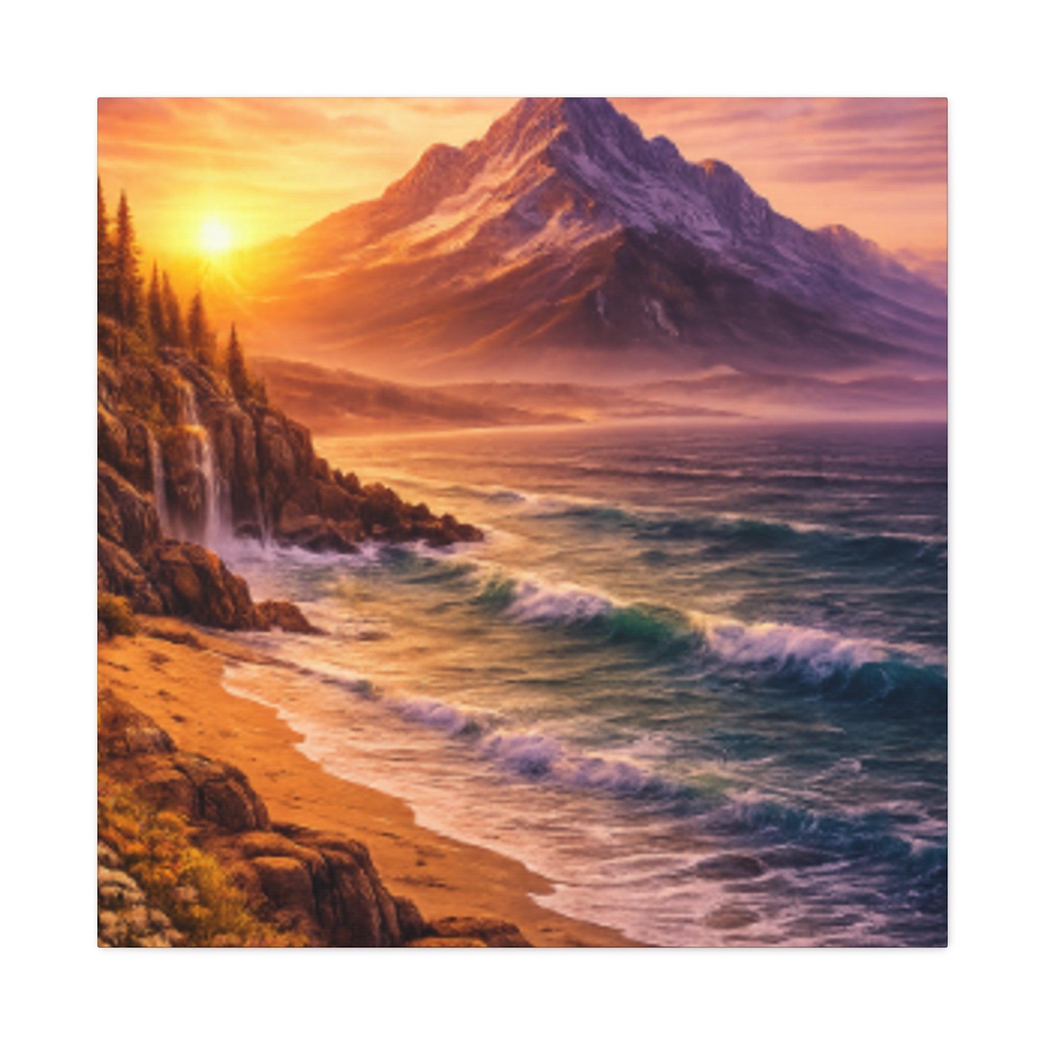 Sunset Mountain Shore Canvas Print - Matte Stretched Wall Art - Mountain and beach Canvas
