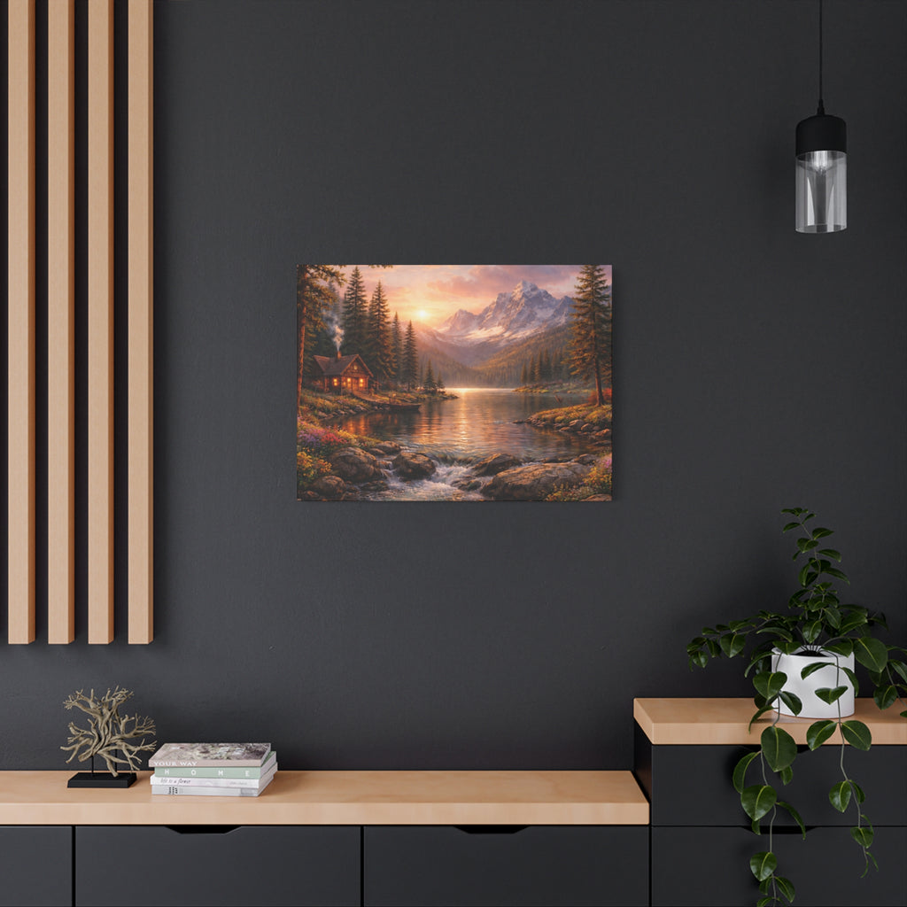 Mountain Lake Cabin Matte Canvas Print - Sunset Landscape Wall Art - Mountain Art canvases