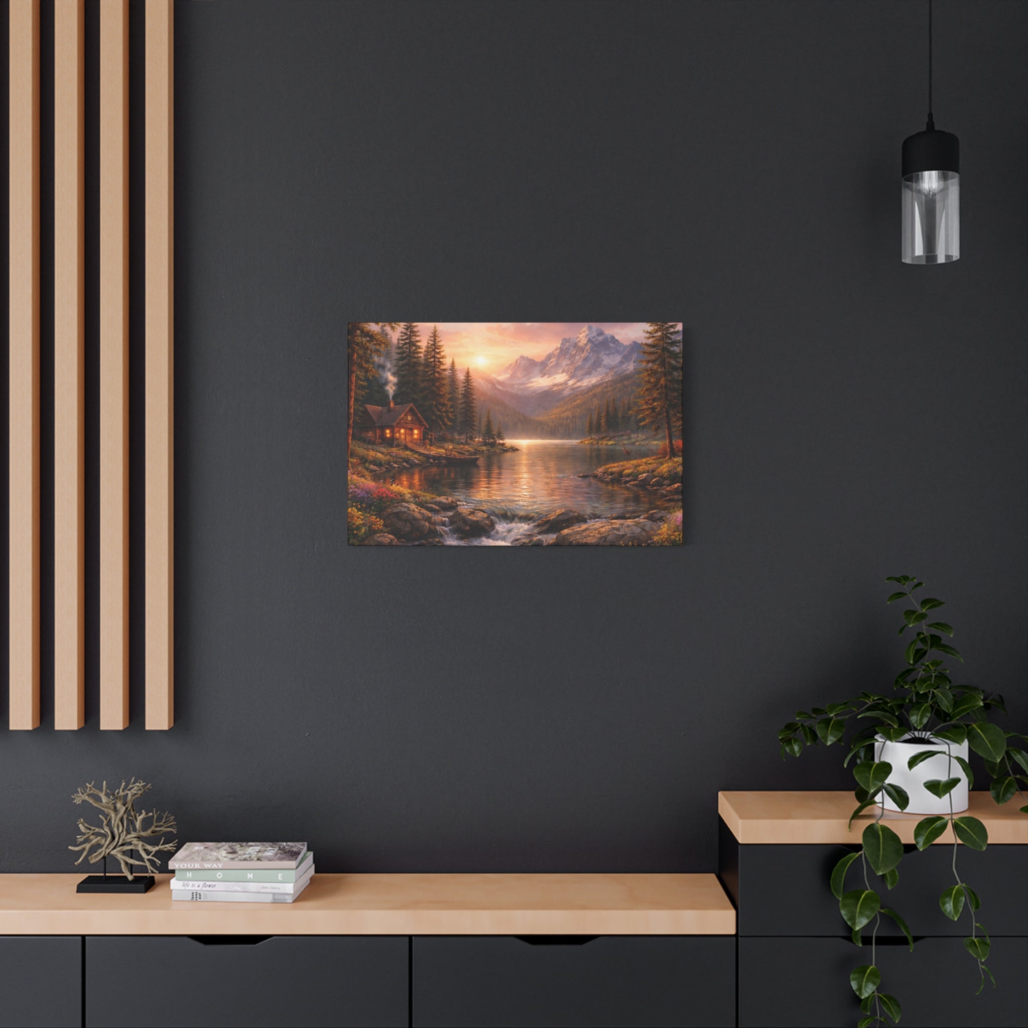 Mountain Lake Cabin Matte Canvas Print - Sunset Landscape Wall Art - Mountain Art canvases