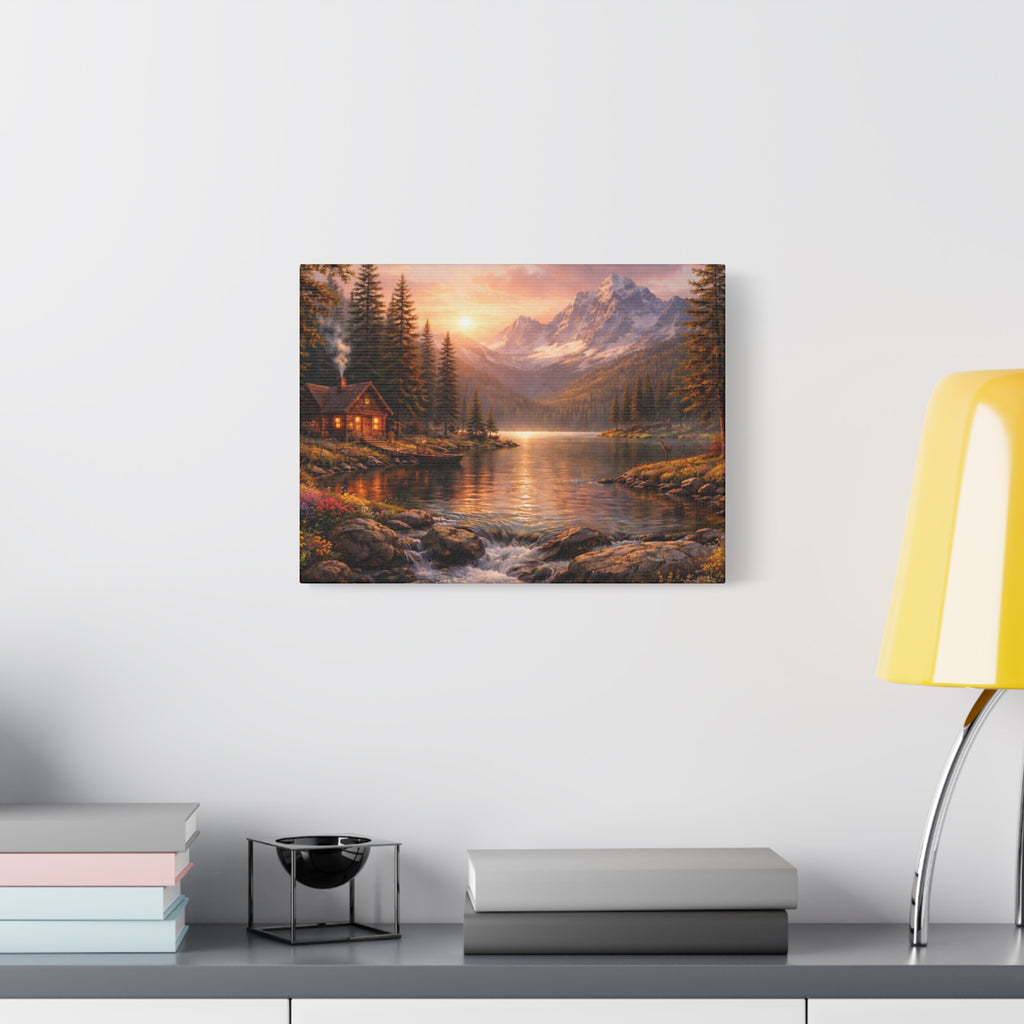 Mountain Lake Cabin Matte Canvas Print - Sunset Landscape Wall Art - Mountain Art canvases