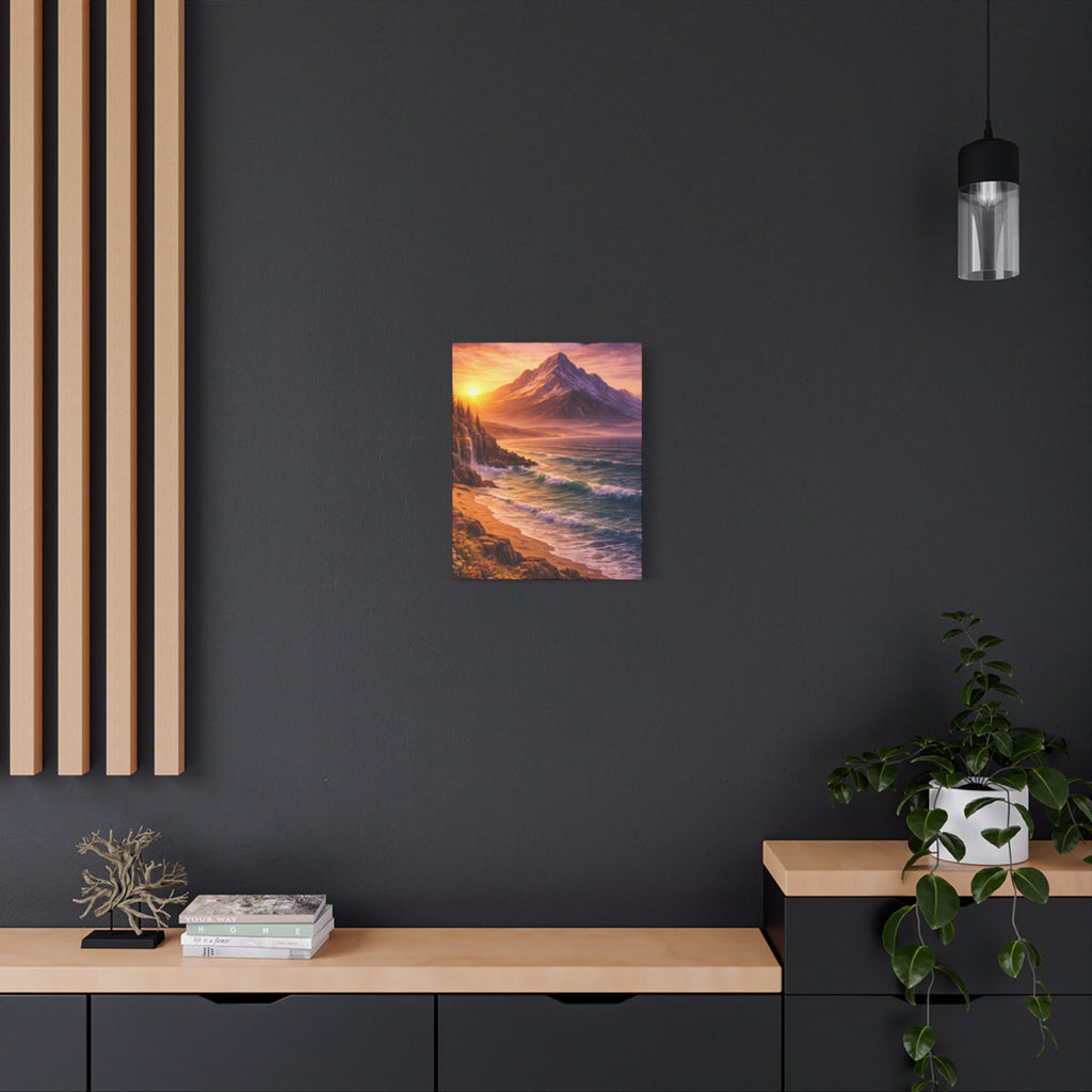 Sunset Mountain Shore Canvas Print - Matte Stretched Wall Art - Mountain and beach Canvas