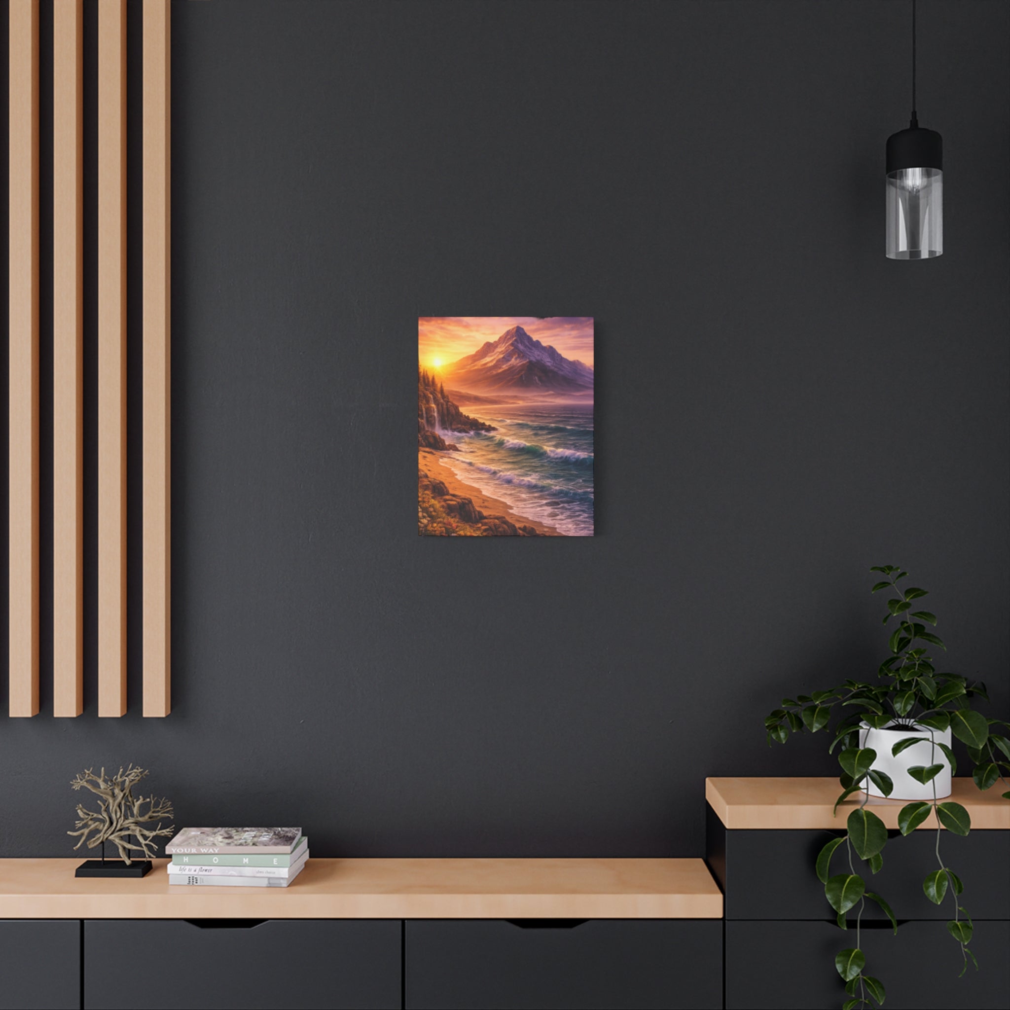 Sunset Mountain Shore Canvas Print - Matte Stretched Wall Art - Mountain and beach Canvas