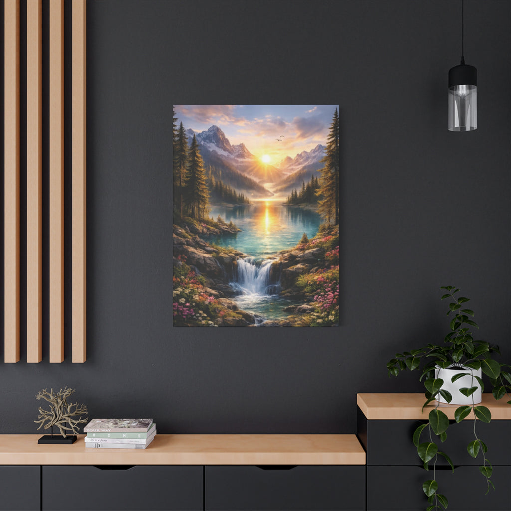 Sunrise Mountain Lake Matte Canvas Art - Stretched Wall Decor