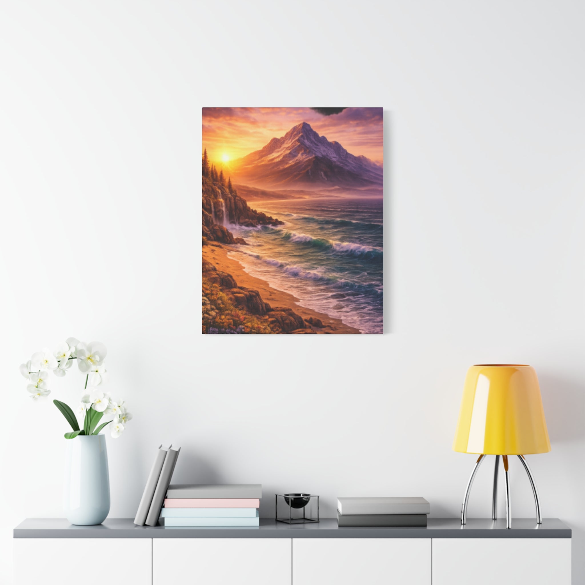 Sunset Mountain Shore Canvas Print - Matte Stretched Wall Art - Mountain and beach Canvas