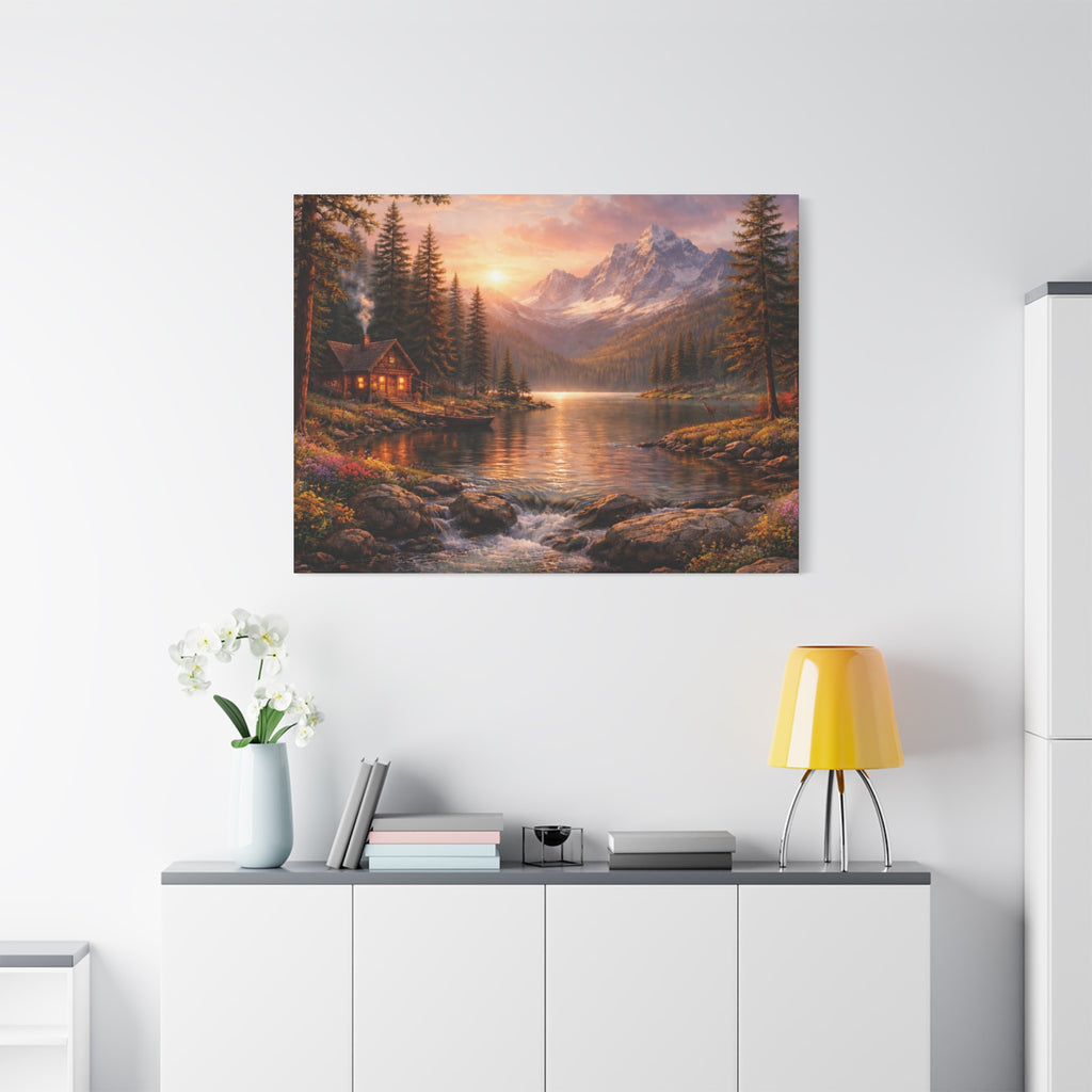 Mountain Lake Cabin Matte Canvas Print - Sunset Landscape Wall Art - Mountain Art canvases